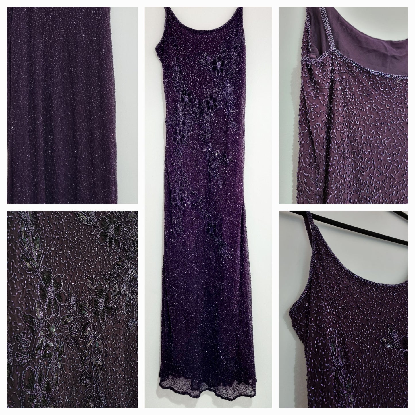 Frank Usher Vintage Sleek Purple Beaded Evening Dress UK 10 - Vintage Appreciation Society