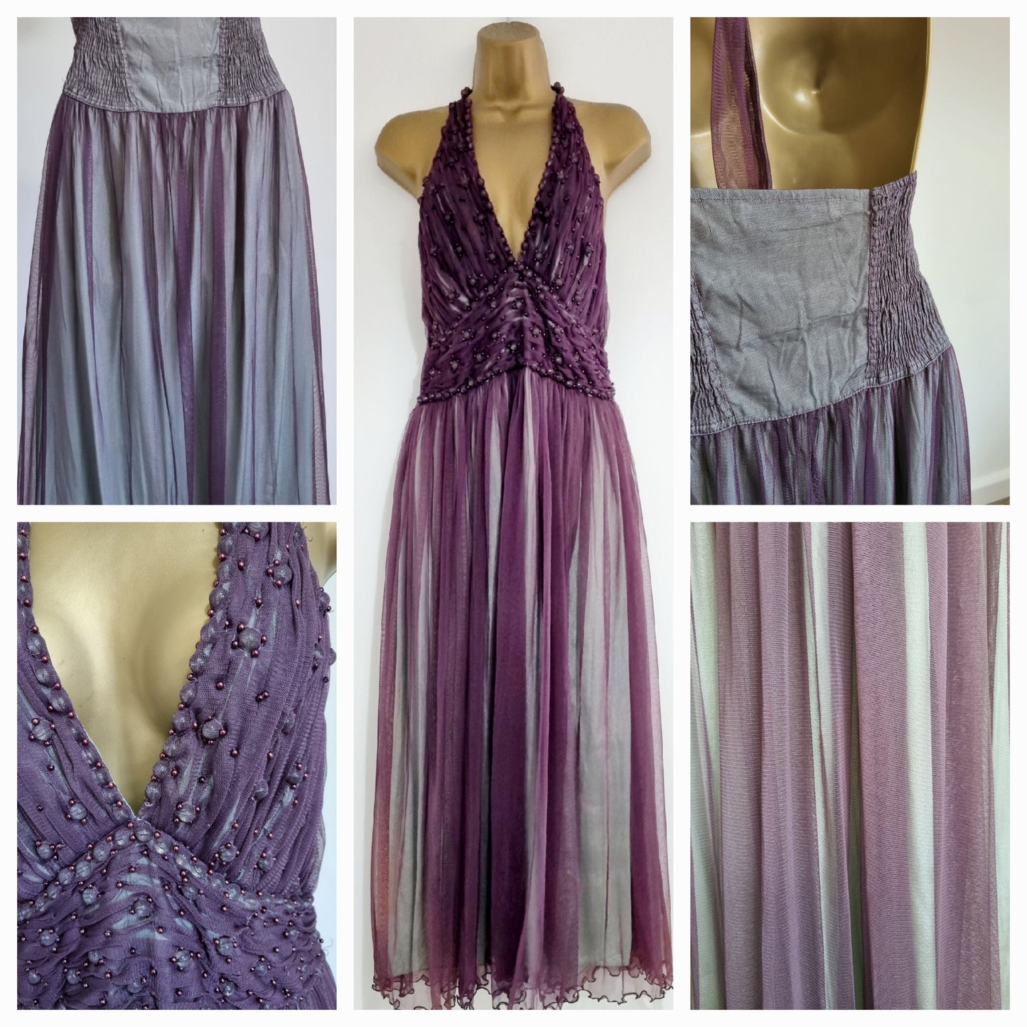 Blank London Purple Accent Beaded Tie Halterneck Evening Vintage Dress UK 10
