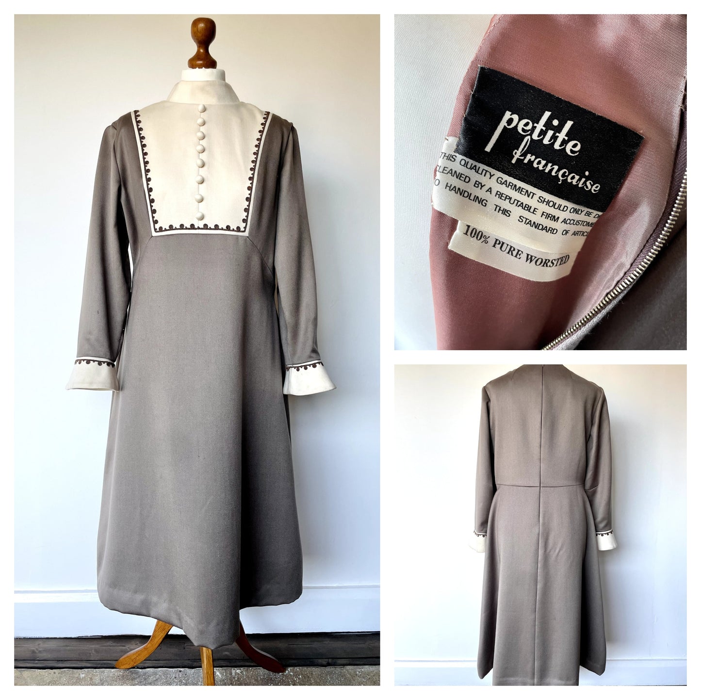 Vintage Petite Francaise Grey Green Bell Sleeve Dress