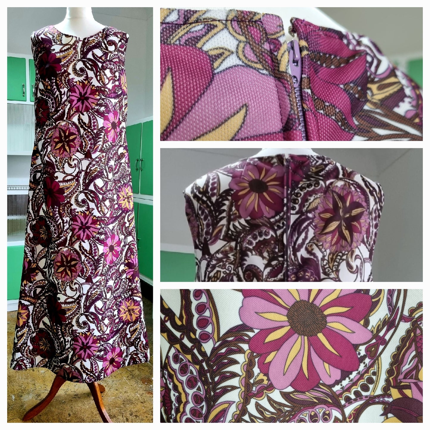 Handmade 1960s Vintage Purple and Brown Floral Paisley Sleeveless Dress UK 14