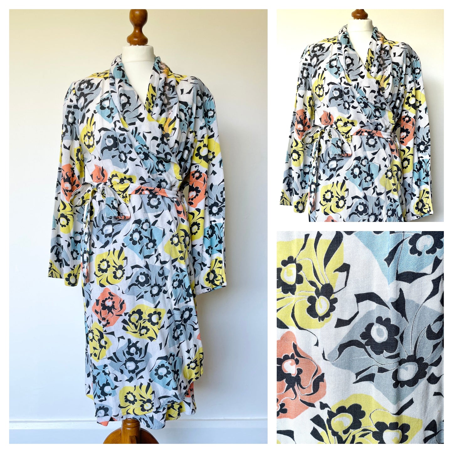 Vintage Mid Century Floral Wrap Dress in Cream and Blue 1960s