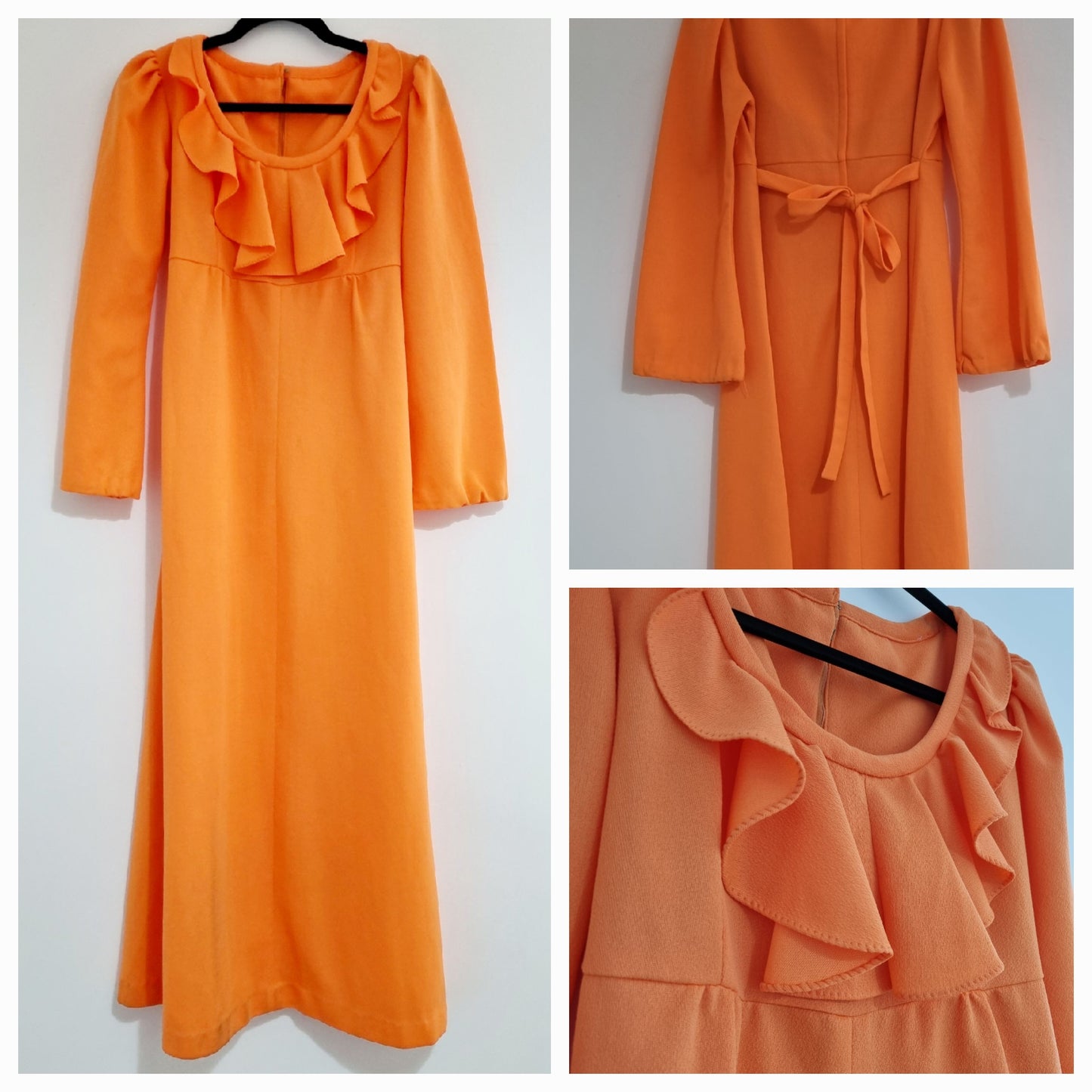 Handmade Vintage Orange Frill Neck Maxi Smock Dress UK 12 - Vintage Appreciation Society