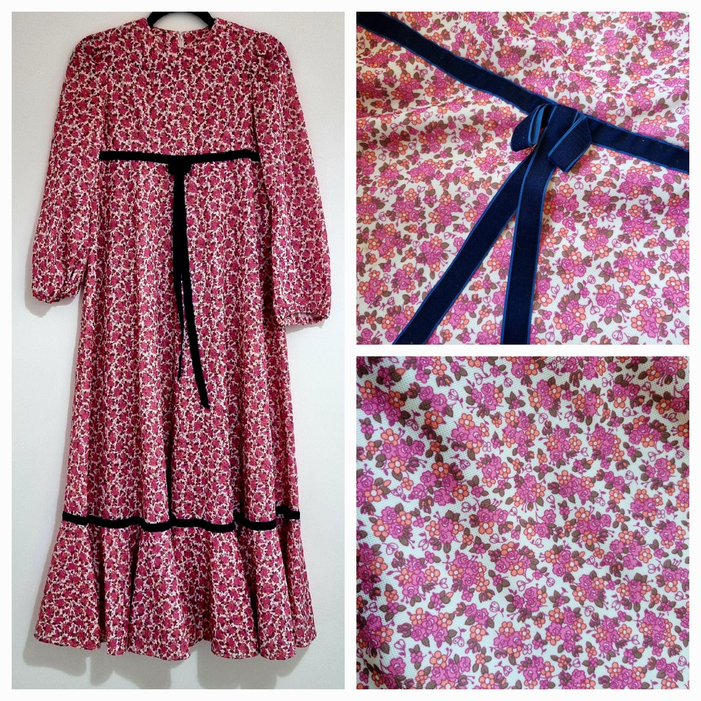 Handmade Vintage Pink Flower Pattern Prairie Dress with Ribbon Detailing UK 6 - Vintage Appreciation Society