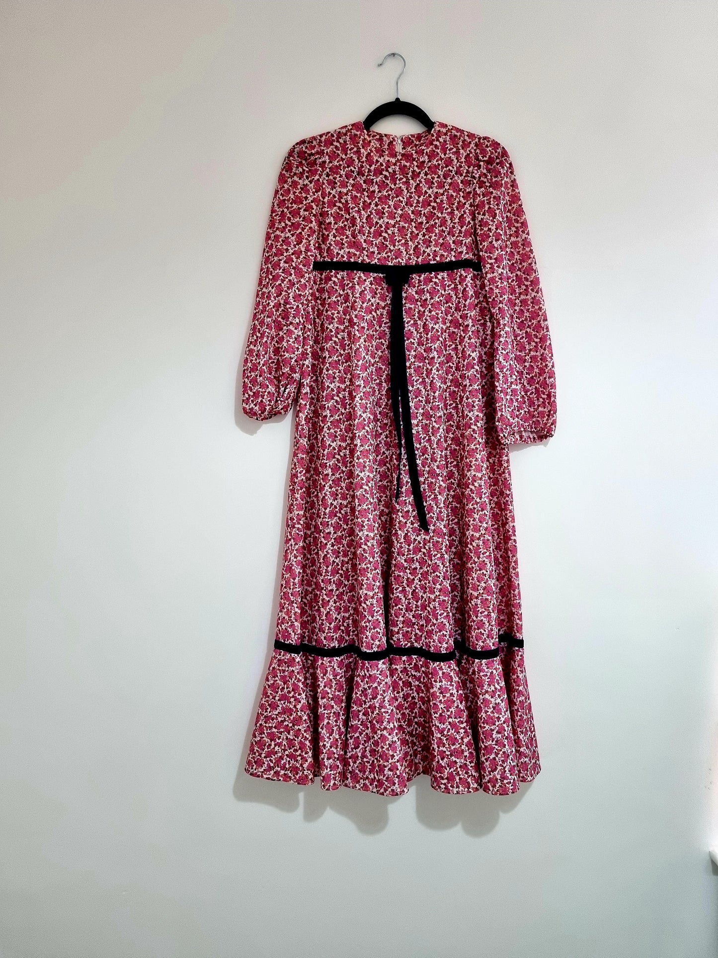 Handmade Vintage Pink Flower Pattern Prairie Dress with Ribbon Detailing UK 6 - Vintage Appreciation Society