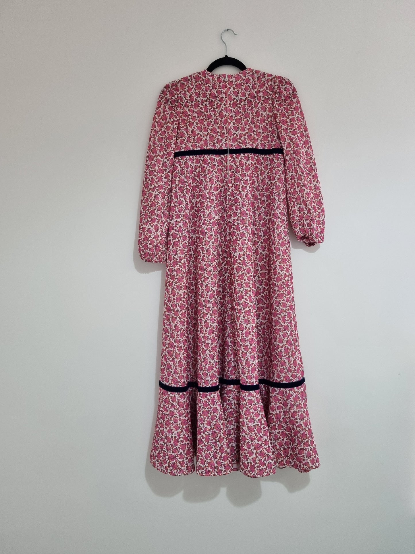 Handmade Vintage Pink Flower Pattern Prairie Dress with Ribbon Detailing UK 6 - Vintage Appreciation Society