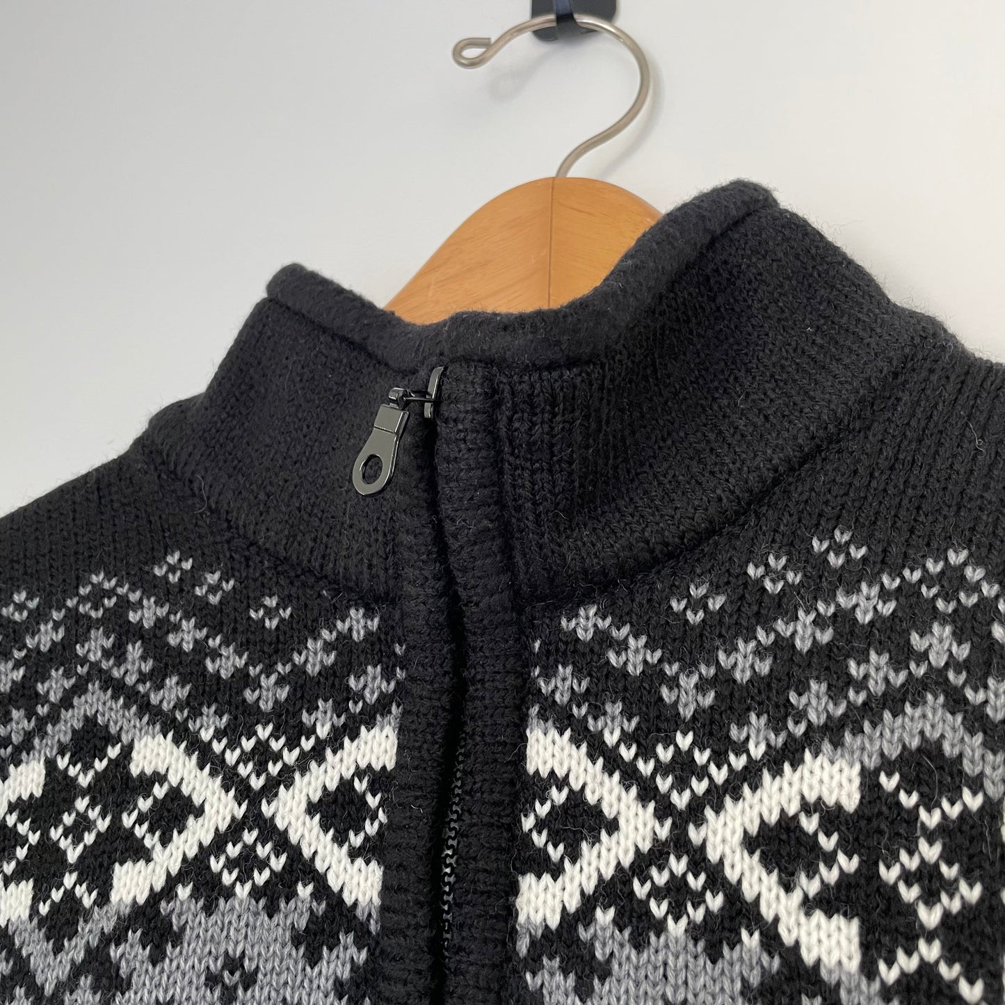 Vintage Black and Grey Knitted Reindeer Christmas Fleece Zip Up