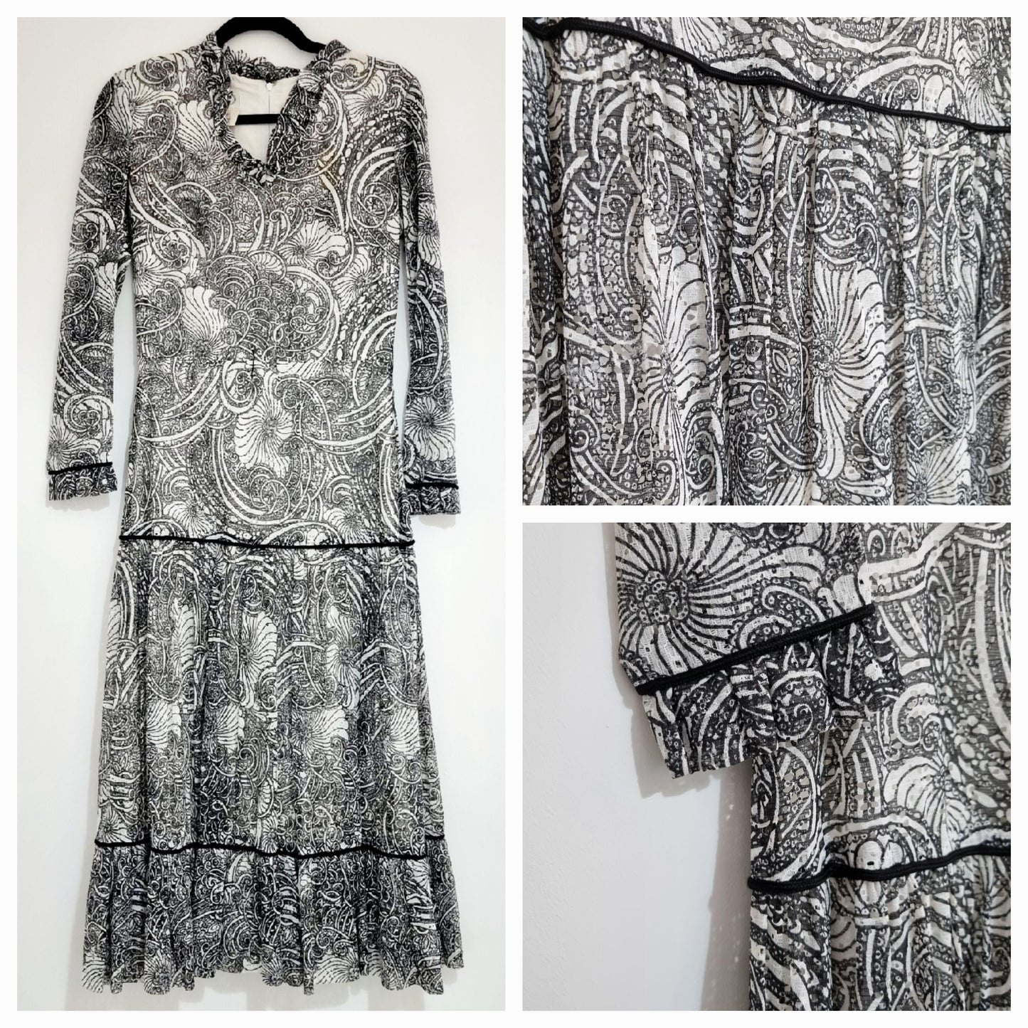 Crestia Vintage Drop Waist Black & White Abstract Floral Pattern Tiered Dress UK 8 - Vintage Appreciation Society