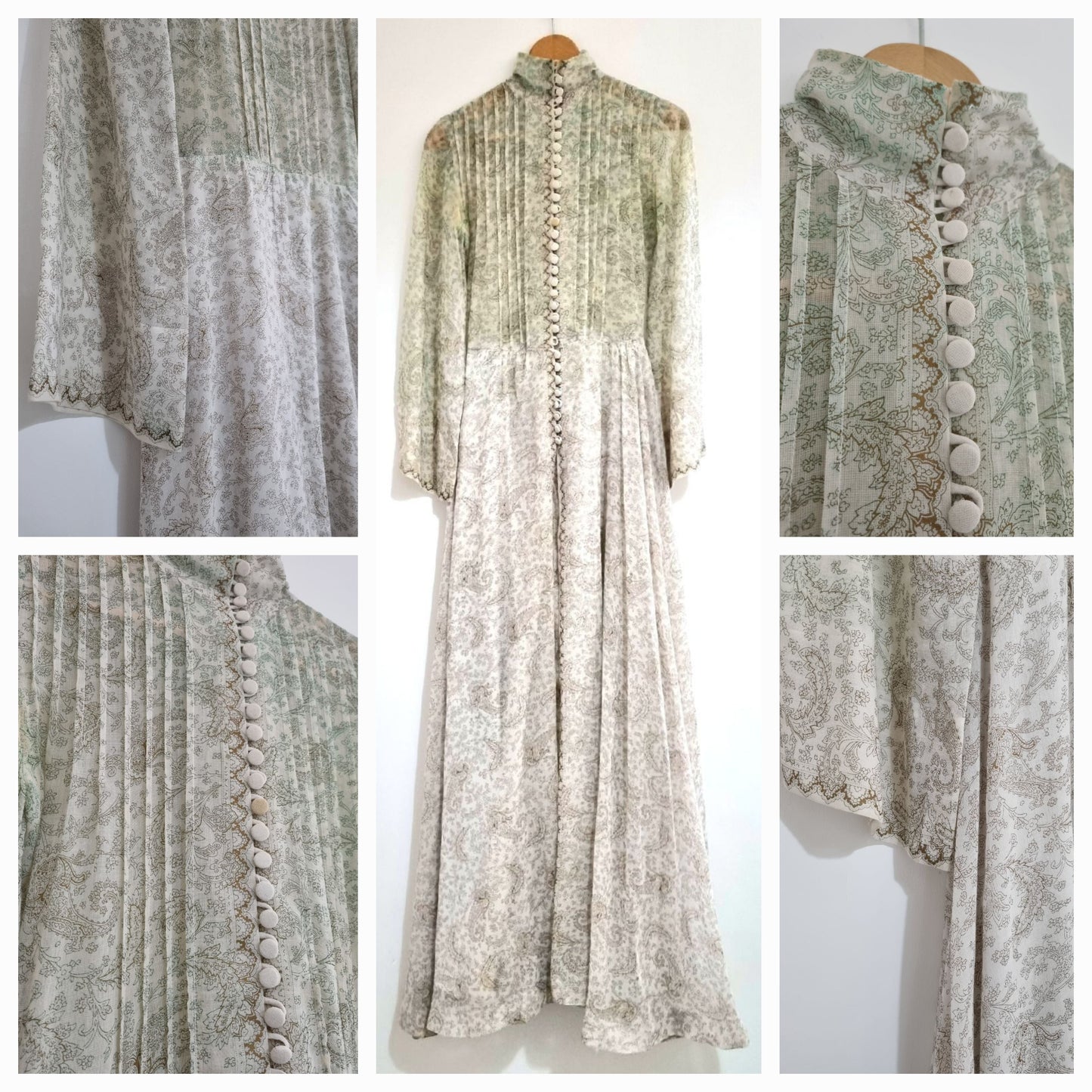 Evelyn Giles Vintage Delicate Cream Paisley Button Pleated Patterned DressUK 8 - Vintage Appreciation Society