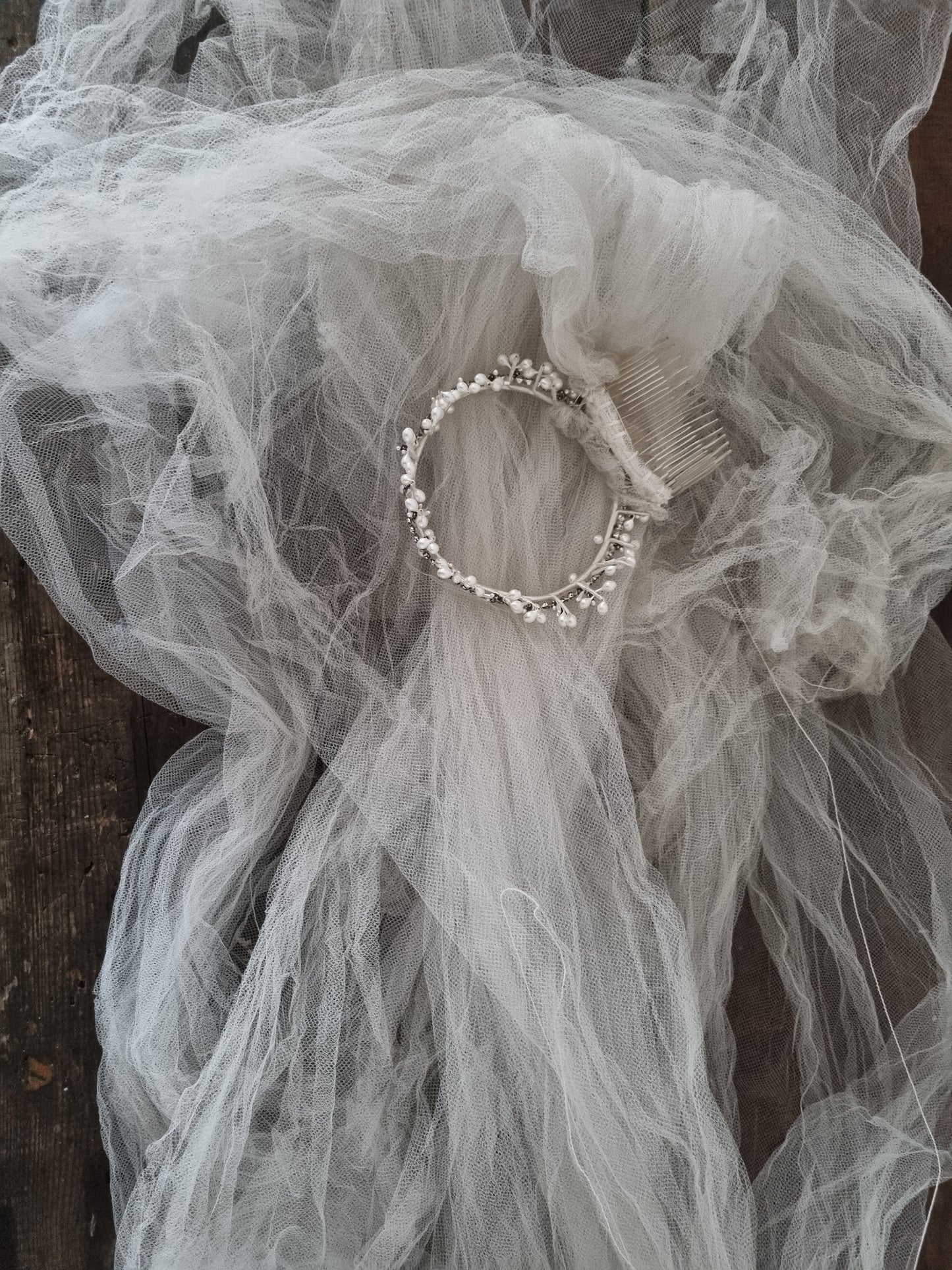 French Vintage Two Tier Tiara Long Veil with Boxed Charm