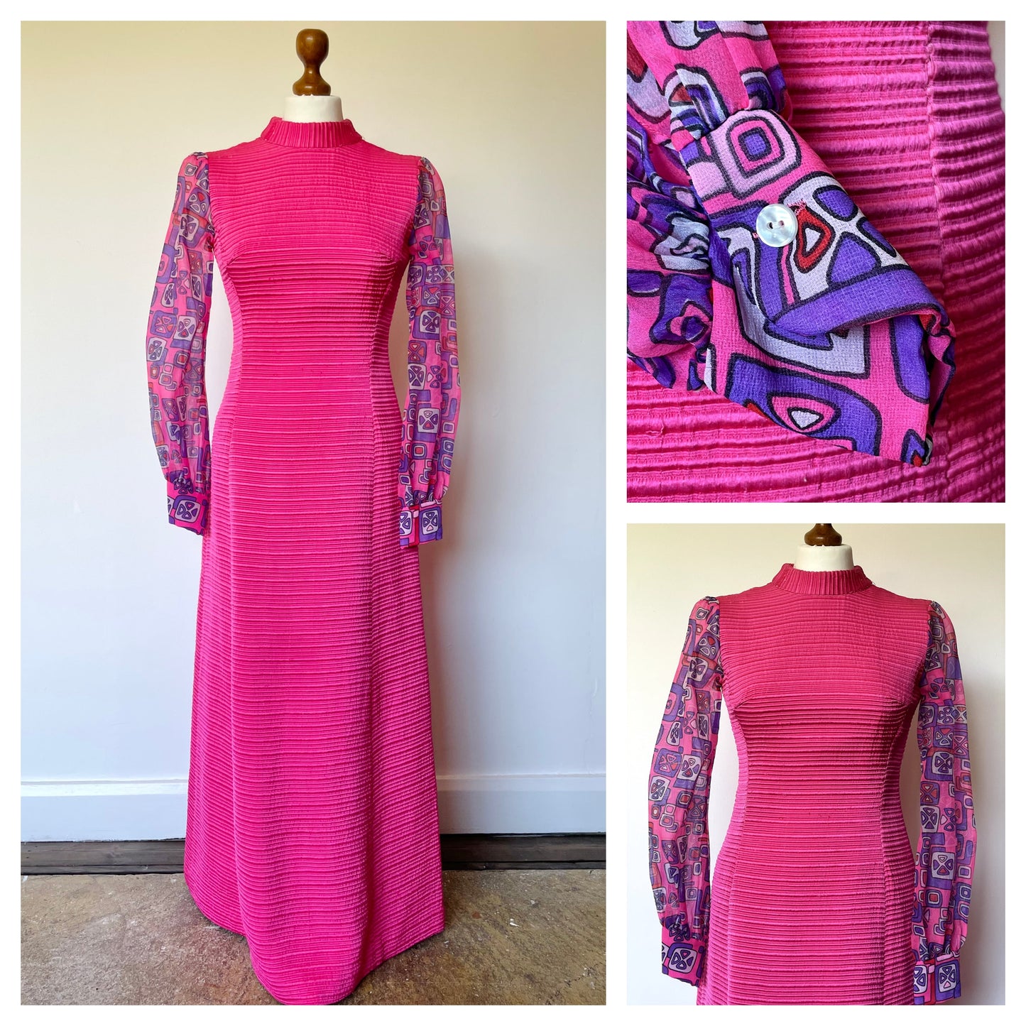 Vintage Hot Pink and Purple Sheer Psychedelic Sleeve 60s Maxi Dress. Empire Made