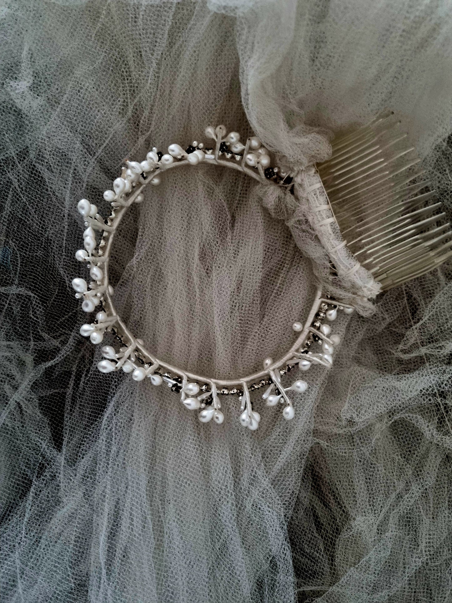 French Vintage Two Tier Tiara Long Veil with Boxed Charm