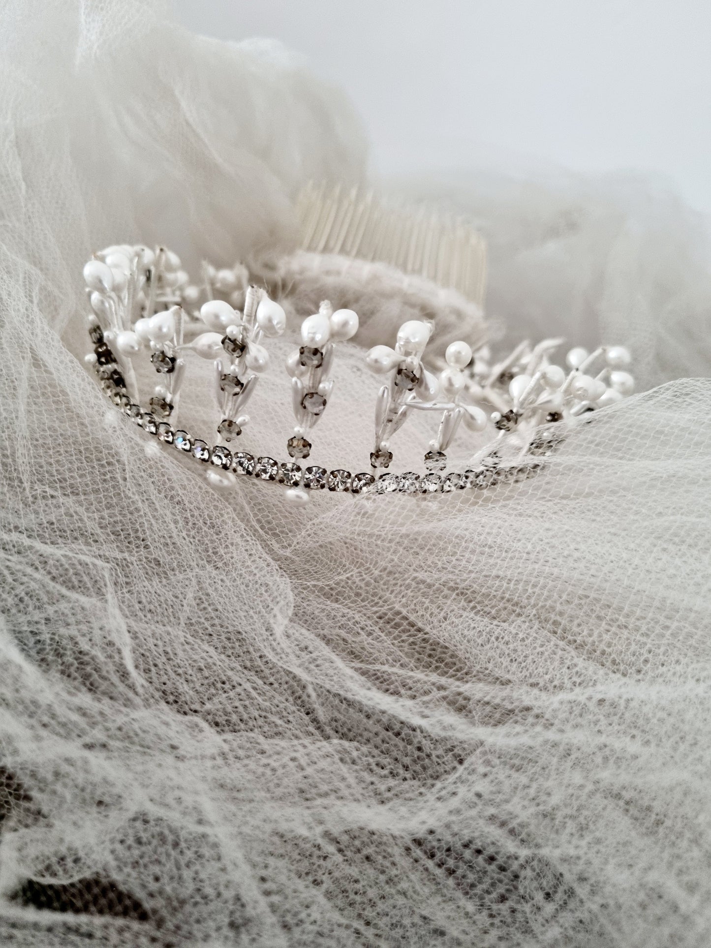 French Vintage Two Tier Tiara Long Veil with Boxed Charm