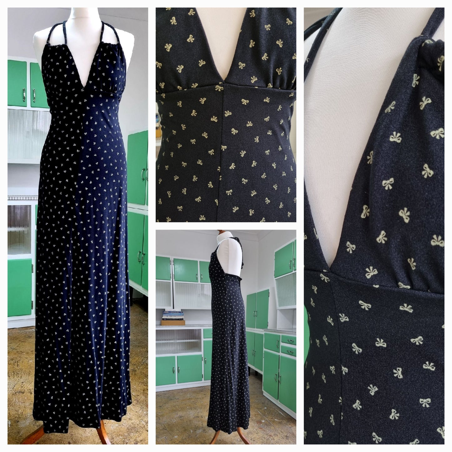 Dorothy Perkins Vintage Black Summer Dress Ditsy Bow Detailing UK 8 - Vintage Appreciation Society