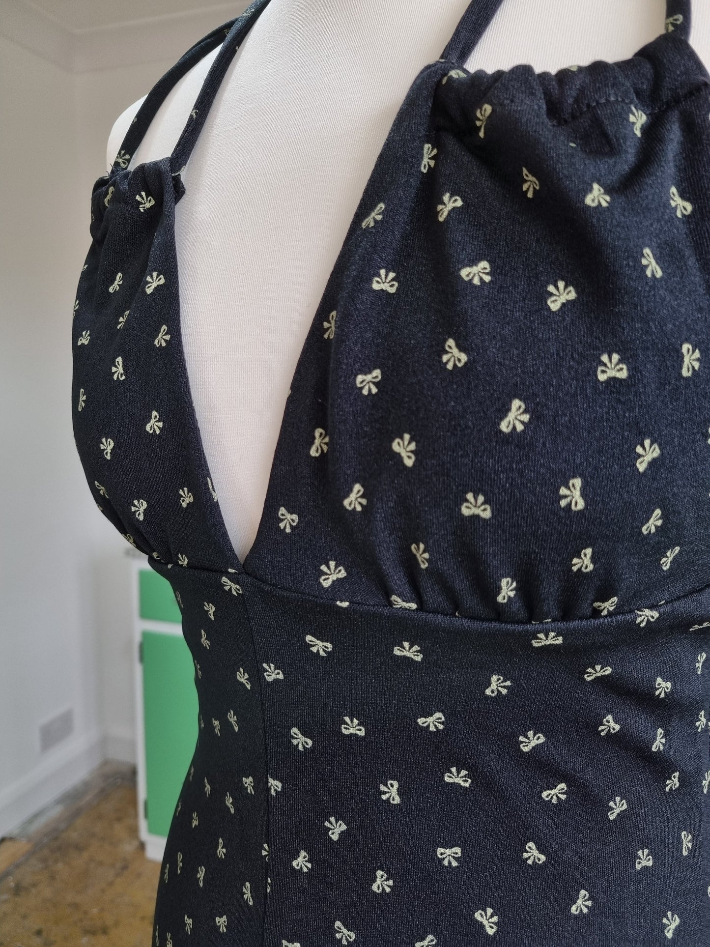 Dorothy Perkins Vintage Black Summer Dress Ditsy Bow Detailing UK 8 - Vintage Appreciation Society