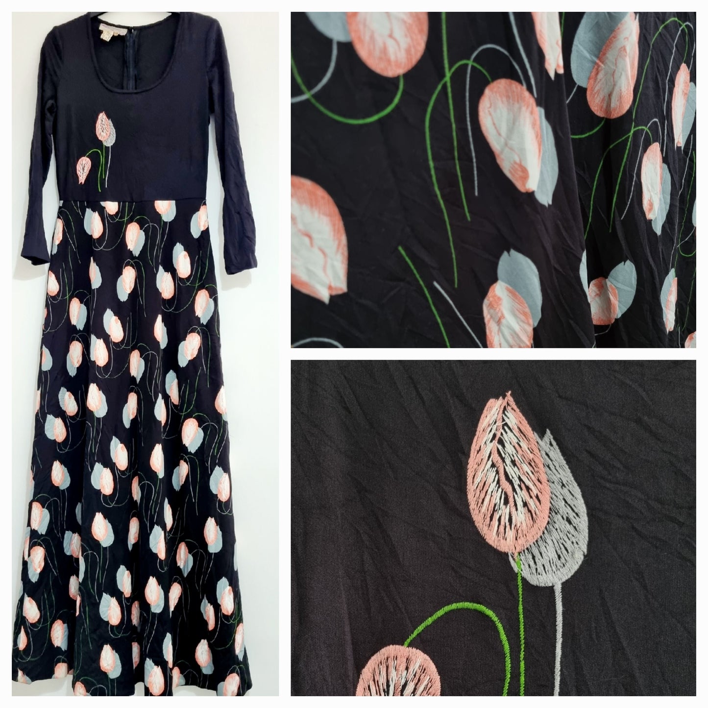 Gigi Vintage Black and Pink Tulip Design Maxi Dress UK 10 - Vintage Appreciation Society