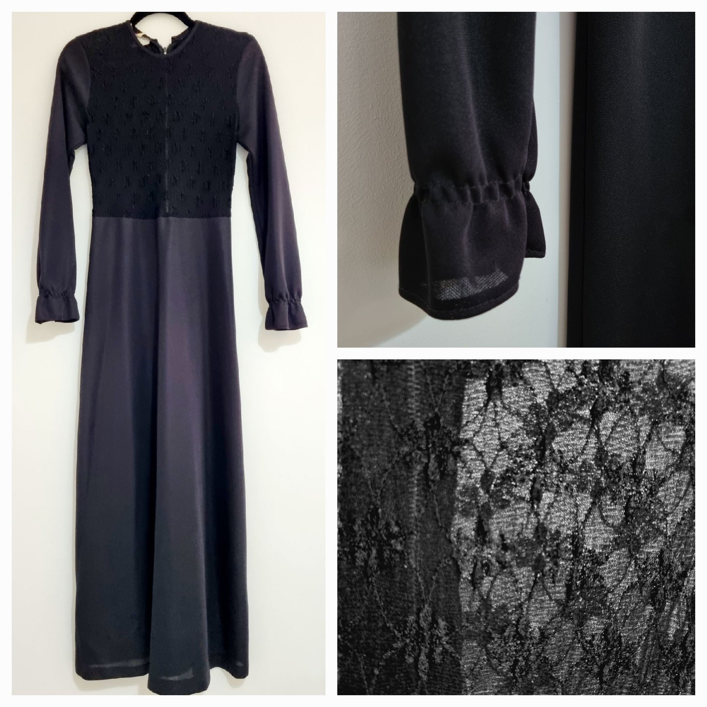 Handmade Black Sheer Floral Lace Flounce Maxi Evening Vintage Dress UK 12 - Vintage Appreciation Society