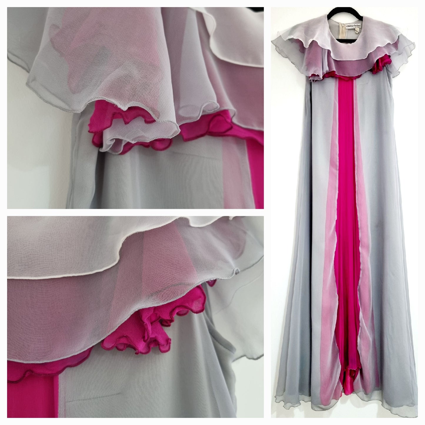 County Clothes of Cheltenham Vintage Grey & Pink Floaty Layered Evening Dress UK 16 - Vintage Appreciation Society
