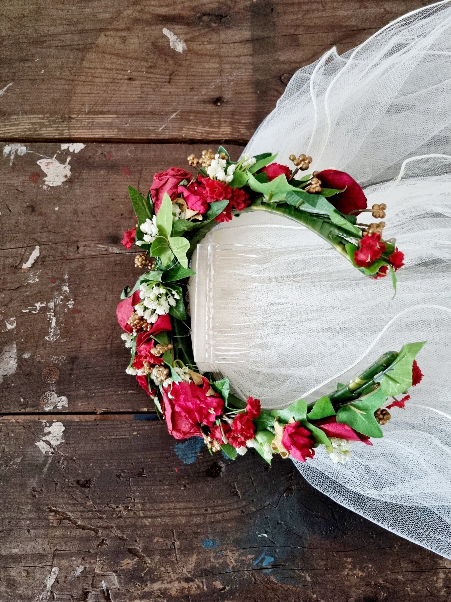 Three Tier Vintage Veil with Red Floral Headband Accessory
