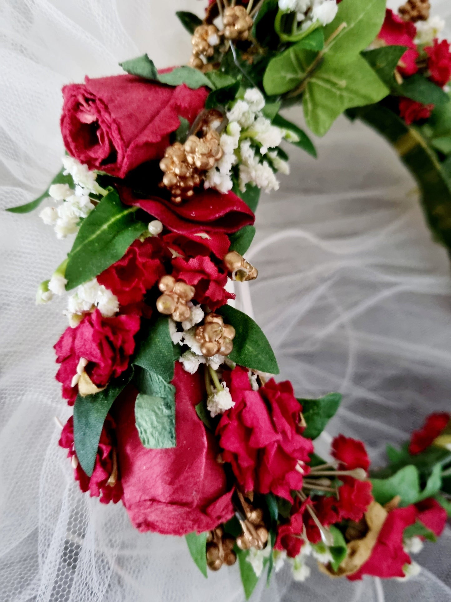 Three Tier Vintage Veil with Red Floral Headband Accessory