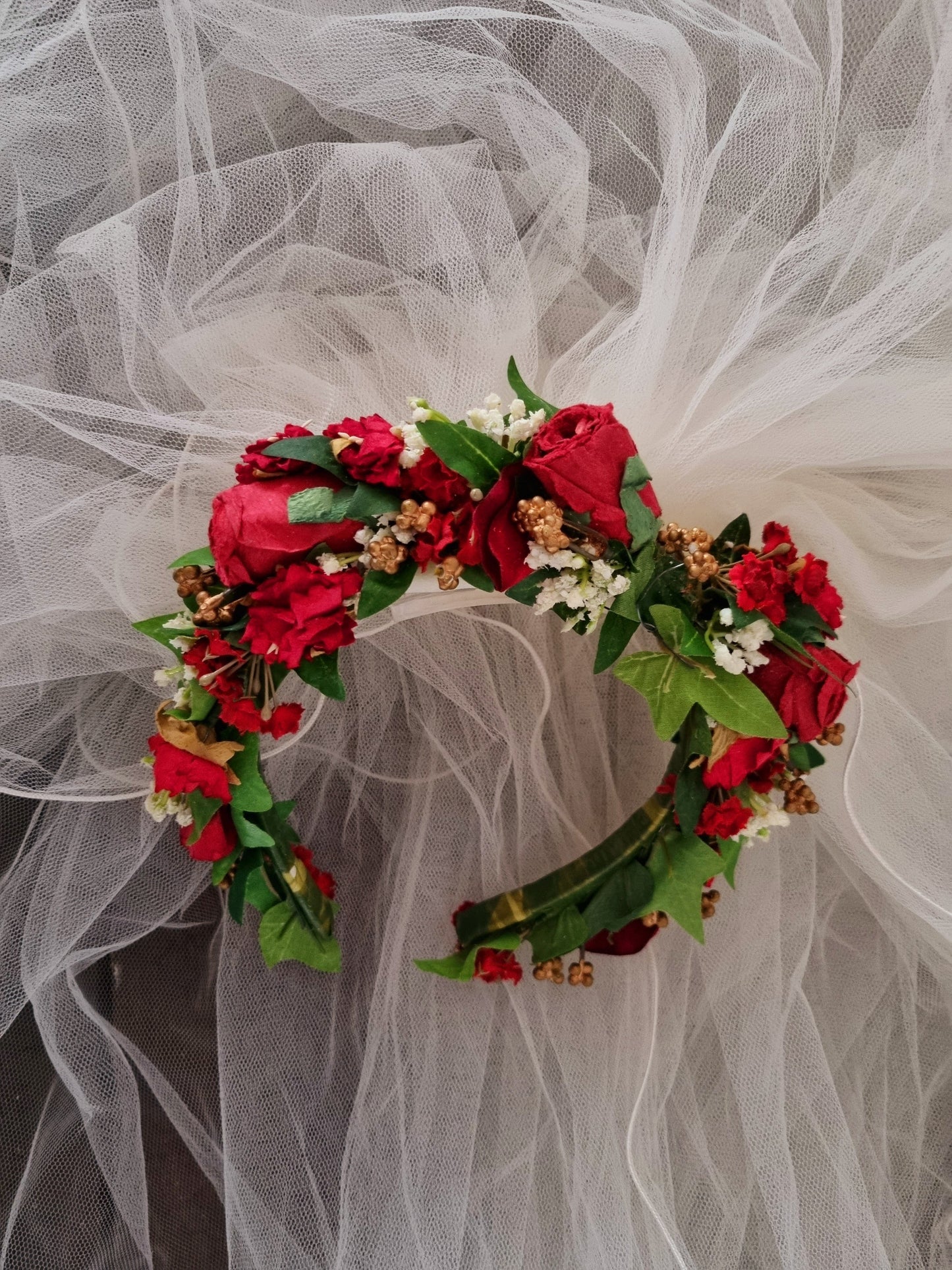 Three Tier Vintage Veil with Red Floral Headband Accessory