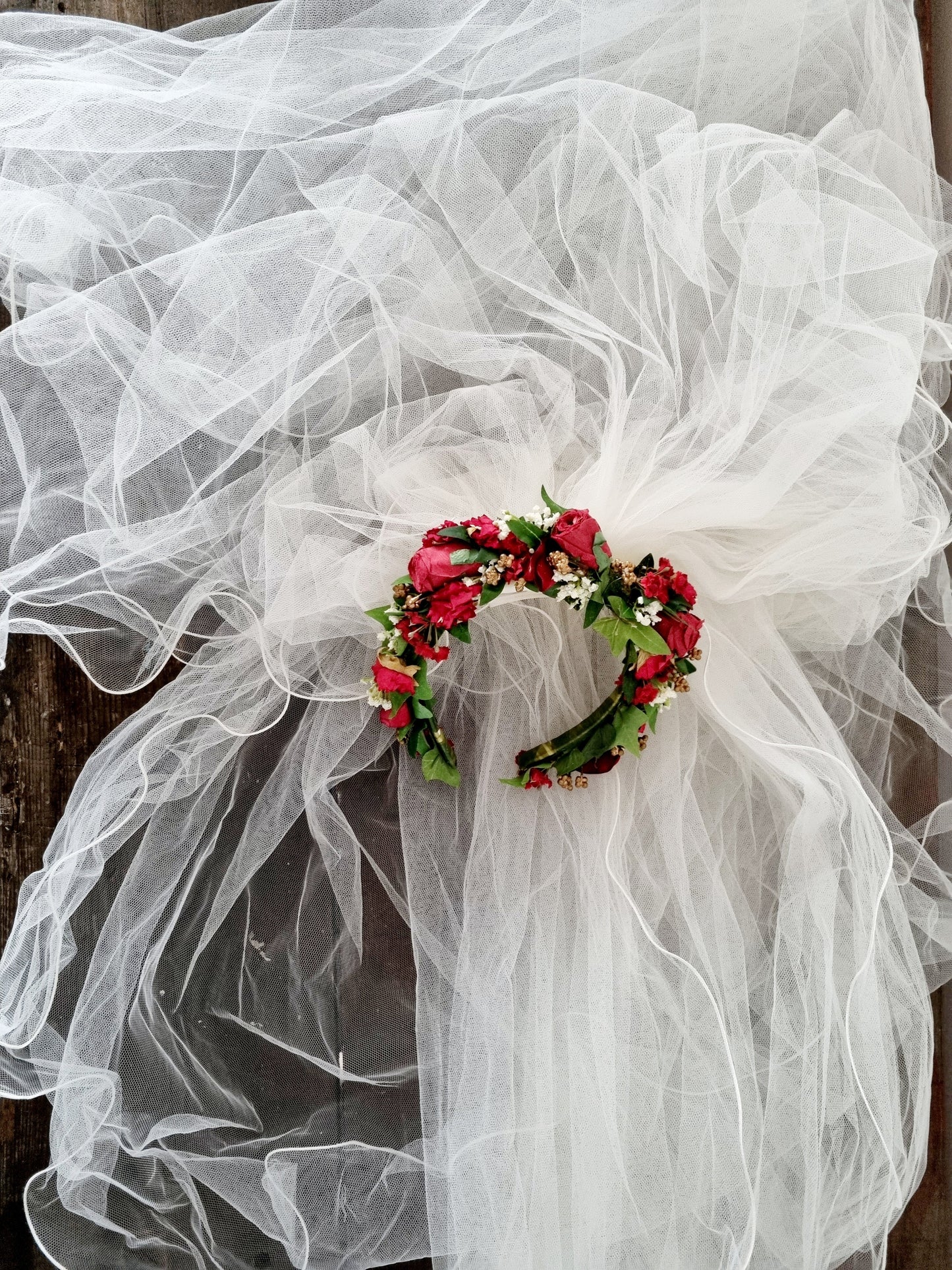Three Tier Vintage Veil with Red Floral Headband Accessory