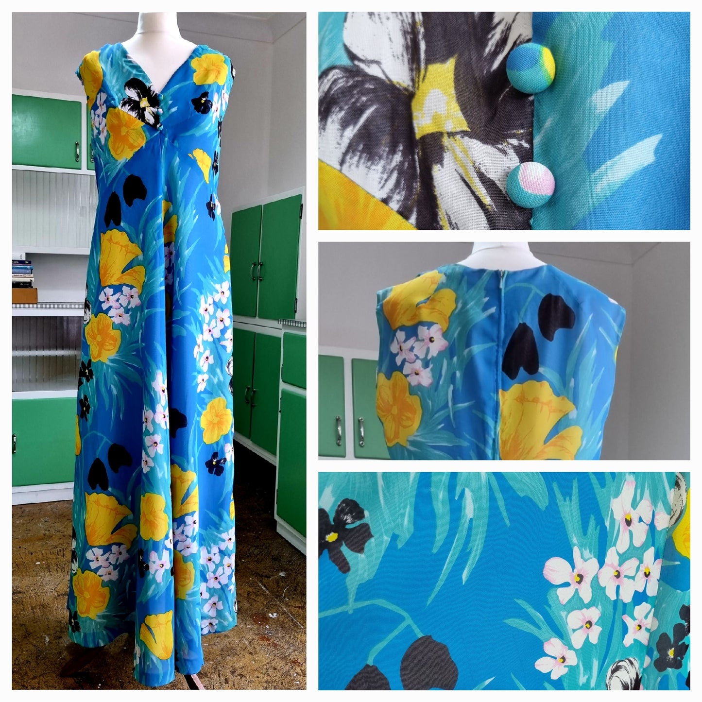Adler Qualitat Vintage Tropical Blue Sleeveless Holiday Dress UK 16