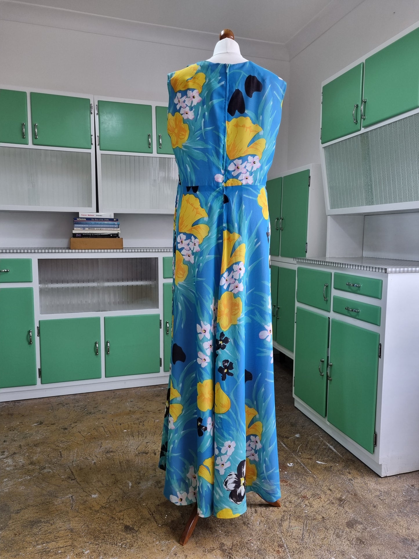 Adler Qualitat Vintage Tropical Blue Sleeveless Holiday Dress UK 16