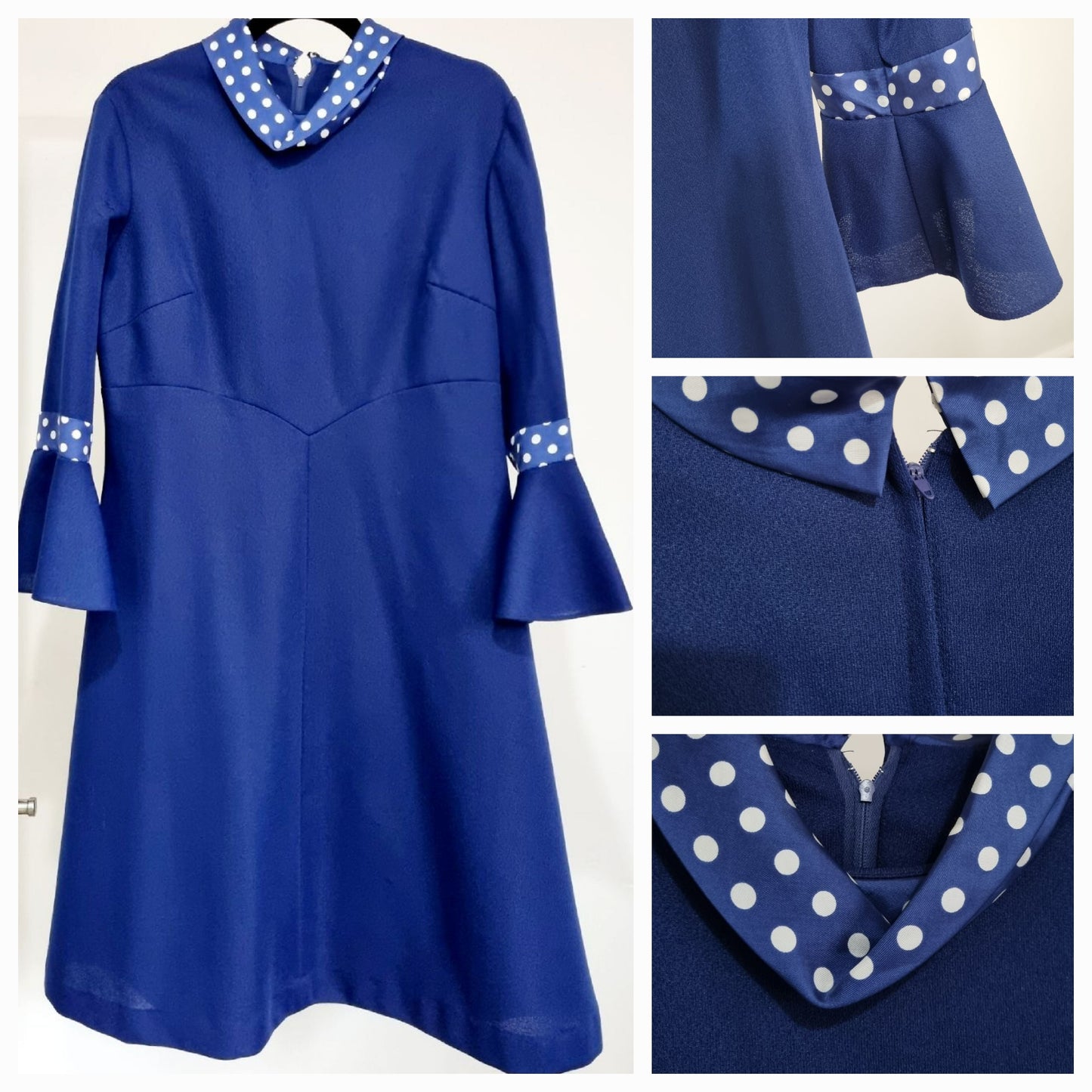 DL Barron Midsize Vintage Blue and White Polka Dot Bell Sleeve Dress UK 14 - Vintage Appreciation Society