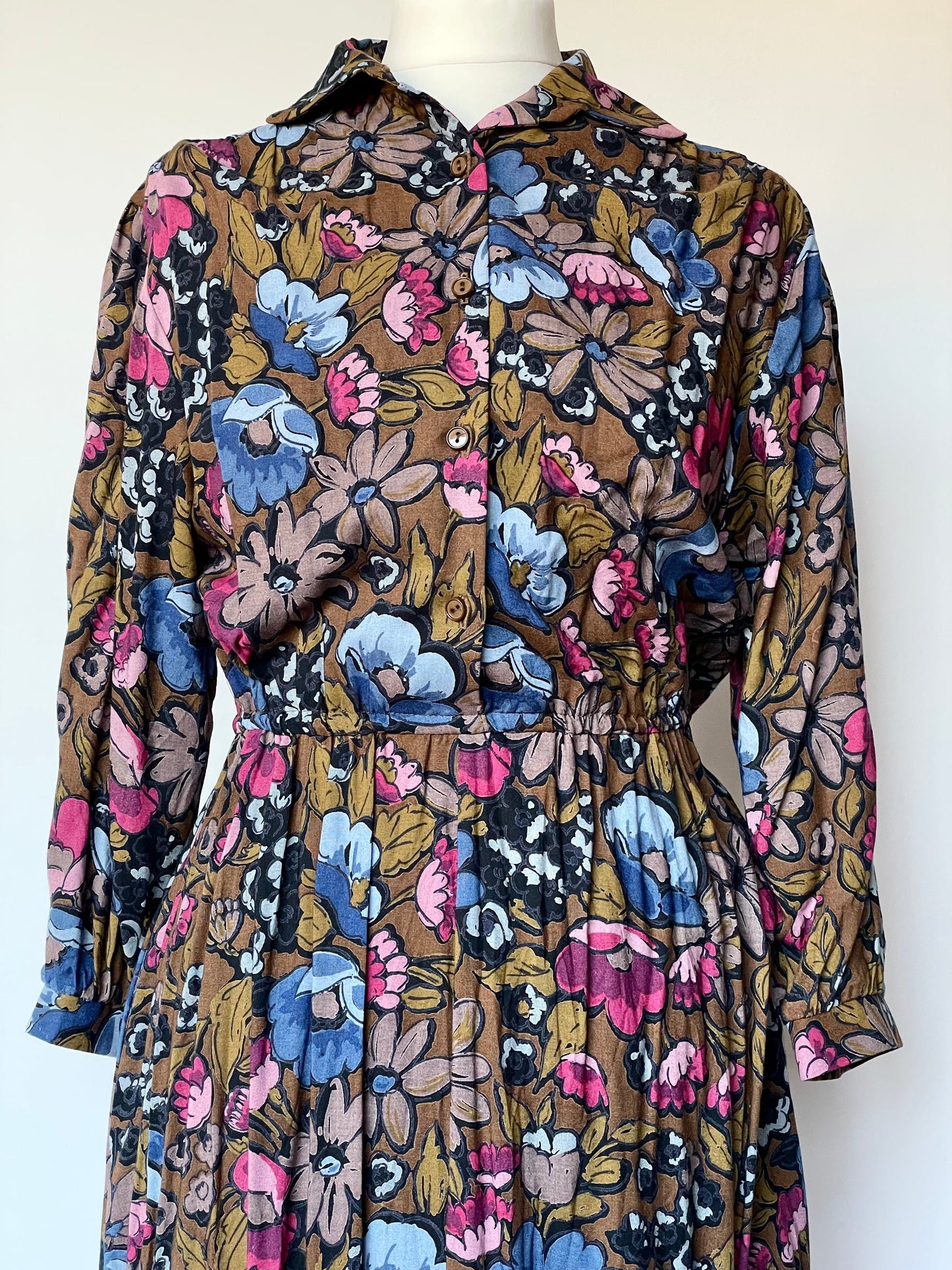 Vintage St Michael Tall Blue and Pink Floral Patterned Long Sleeve Shirt Dress