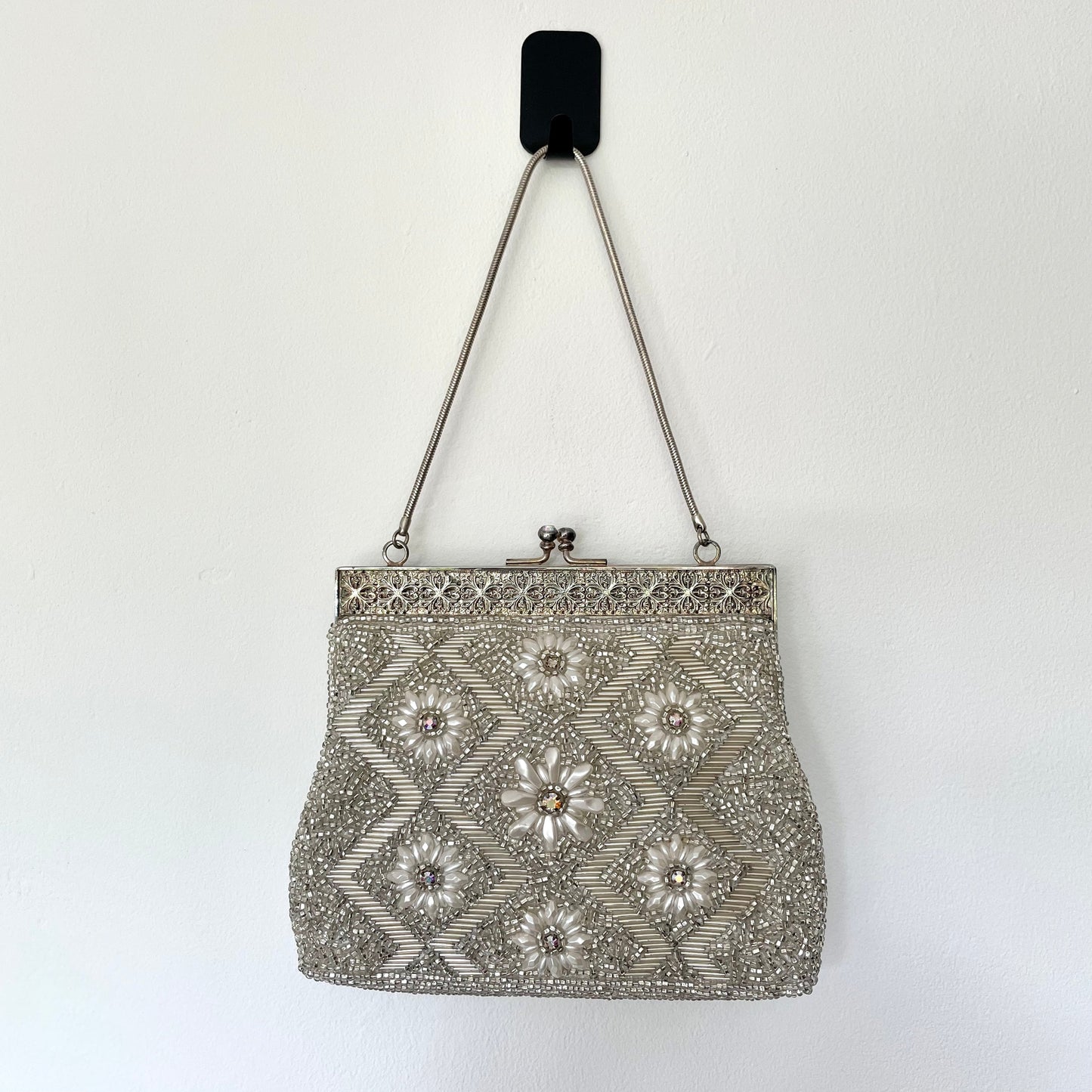 Vintage Floral Hand Beaded Silver Evening Handbag from Hong Kong
