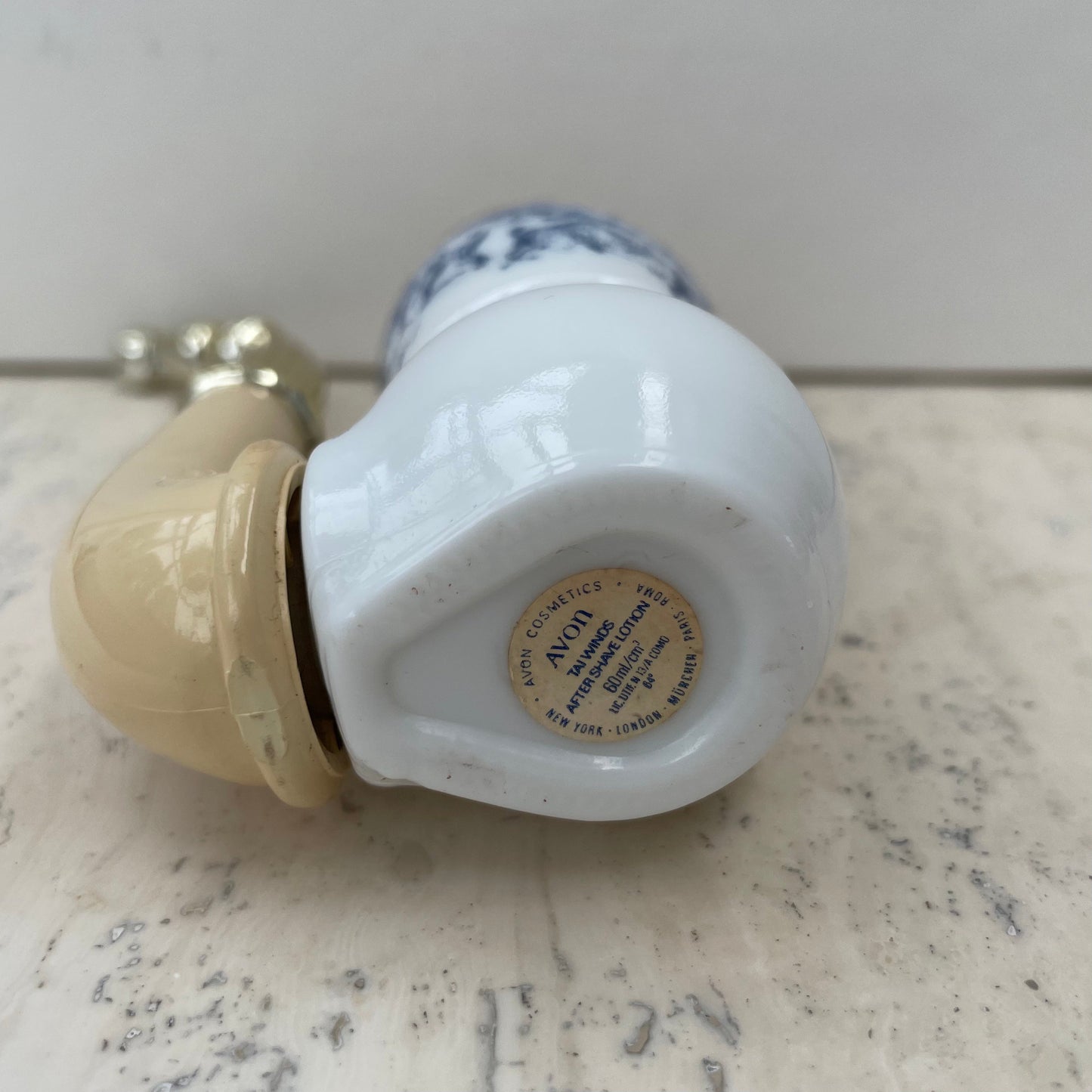 Vintage Avon 1970s Dutch Pipe Tai Winds Aftershave Lotion 60ml Bottle. Milk Glass. Blue and White. Empty