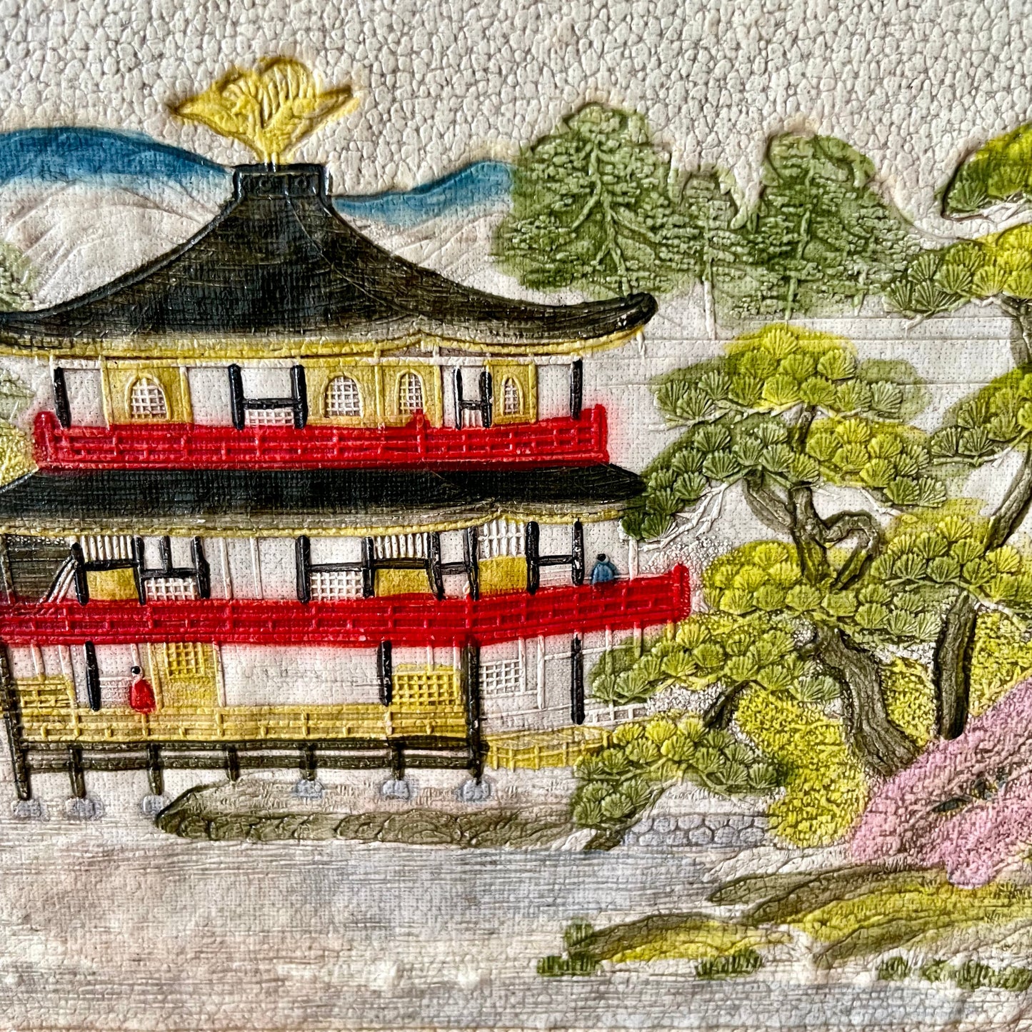 Japanese Handpainted Leather Pagoda Clutch Vintage Bag