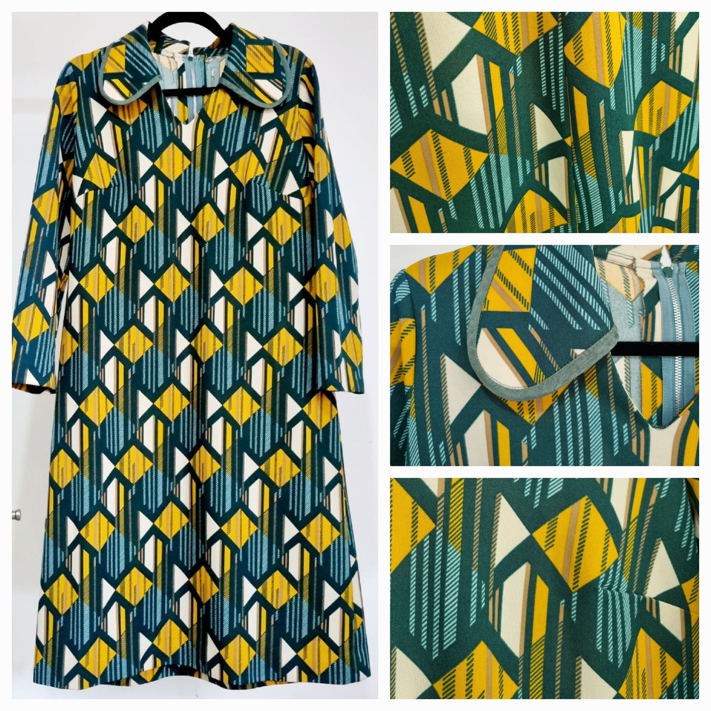 Handmade Vintage Green, Yellow and White Diamond Shift Midsize Dress UK 14 - Vintage Appreciation Society
