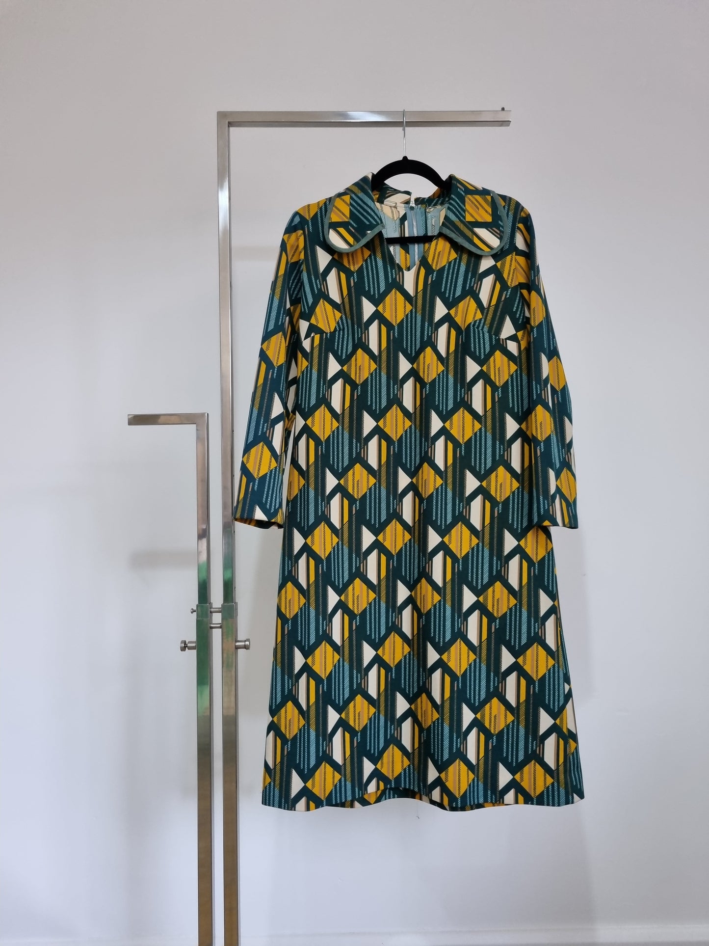 Handmade Vintage Green, Yellow and White Diamond Shift Midsize Dress UK 14 - Vintage Appreciation Society
