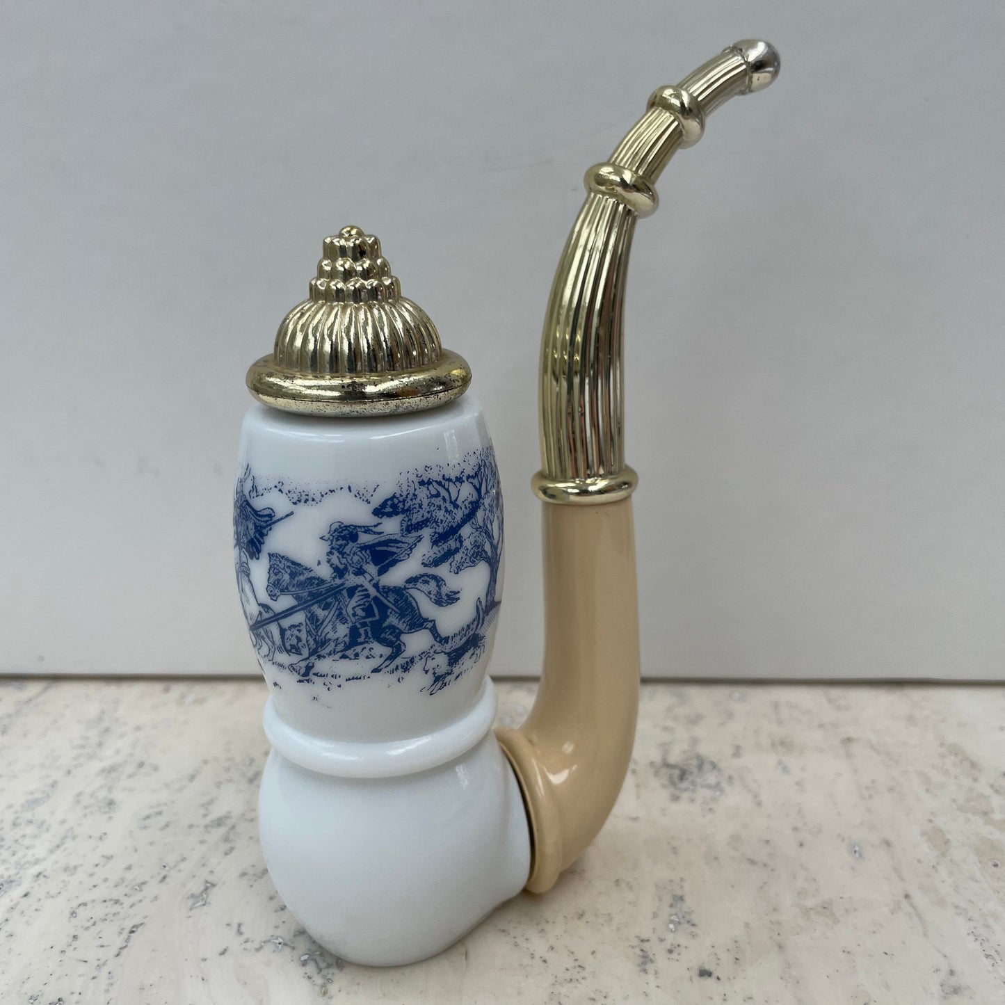 Vintage Avon 1970s Dutch Pipe Tai Winds Aftershave Lotion 60ml Bottle. Milk Glass. Blue and White. Empty