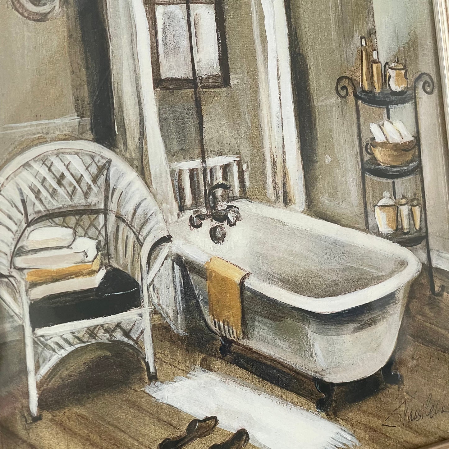 Vintage French Bathroom Scene Artwork Print in Frame