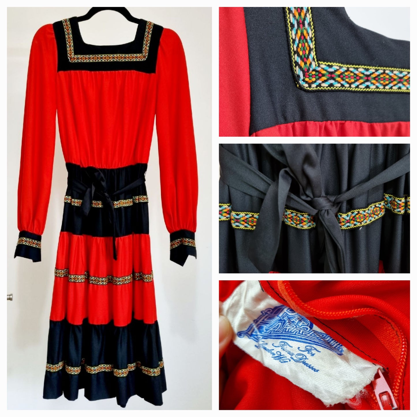 Handmade Vintage Square Neck Red European Style Dress UK 10 - Vintage Appreciation Society