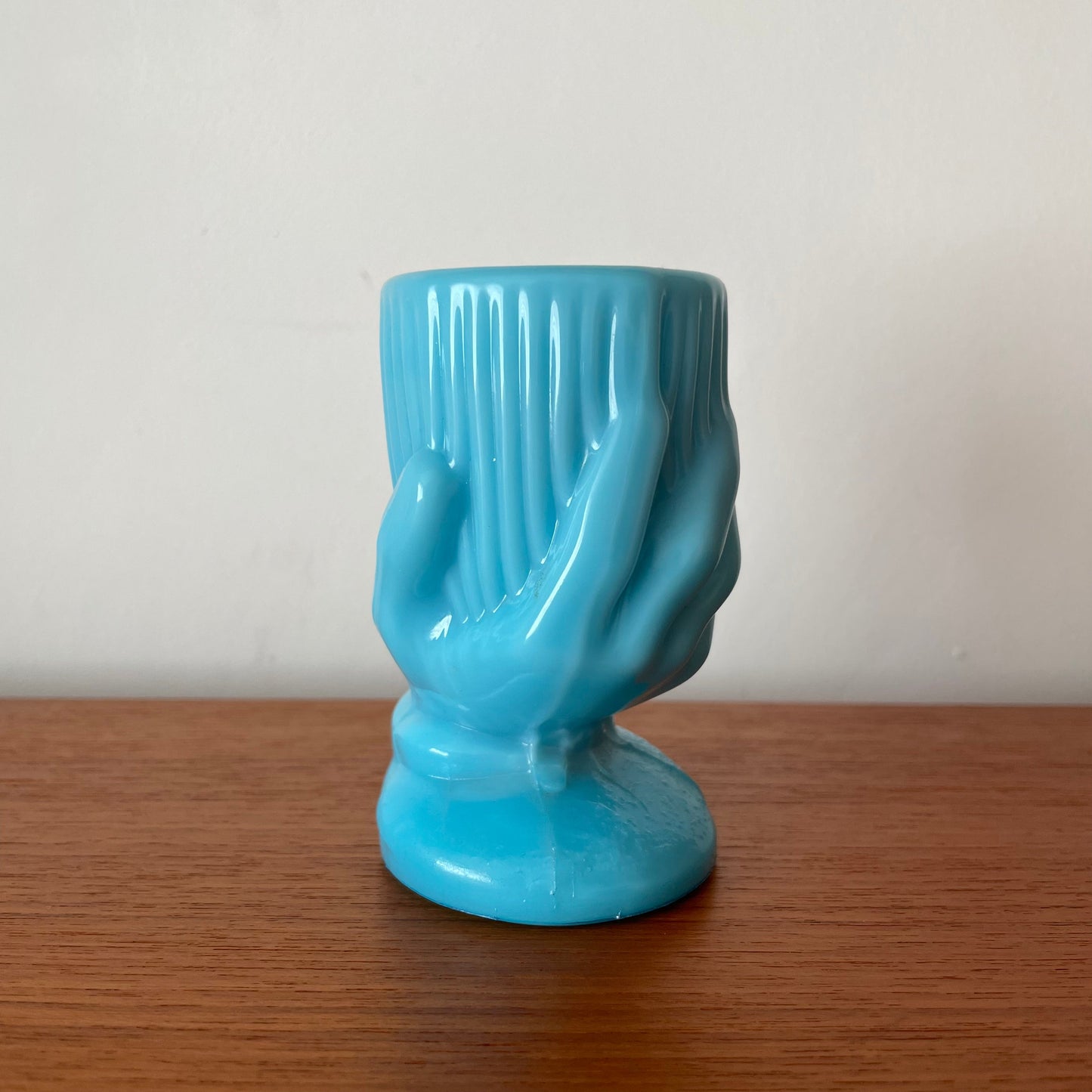 Vintage 1920s French Blue Milk Glass Hand Holding Goblet Cafe Cocktail Stick Holder