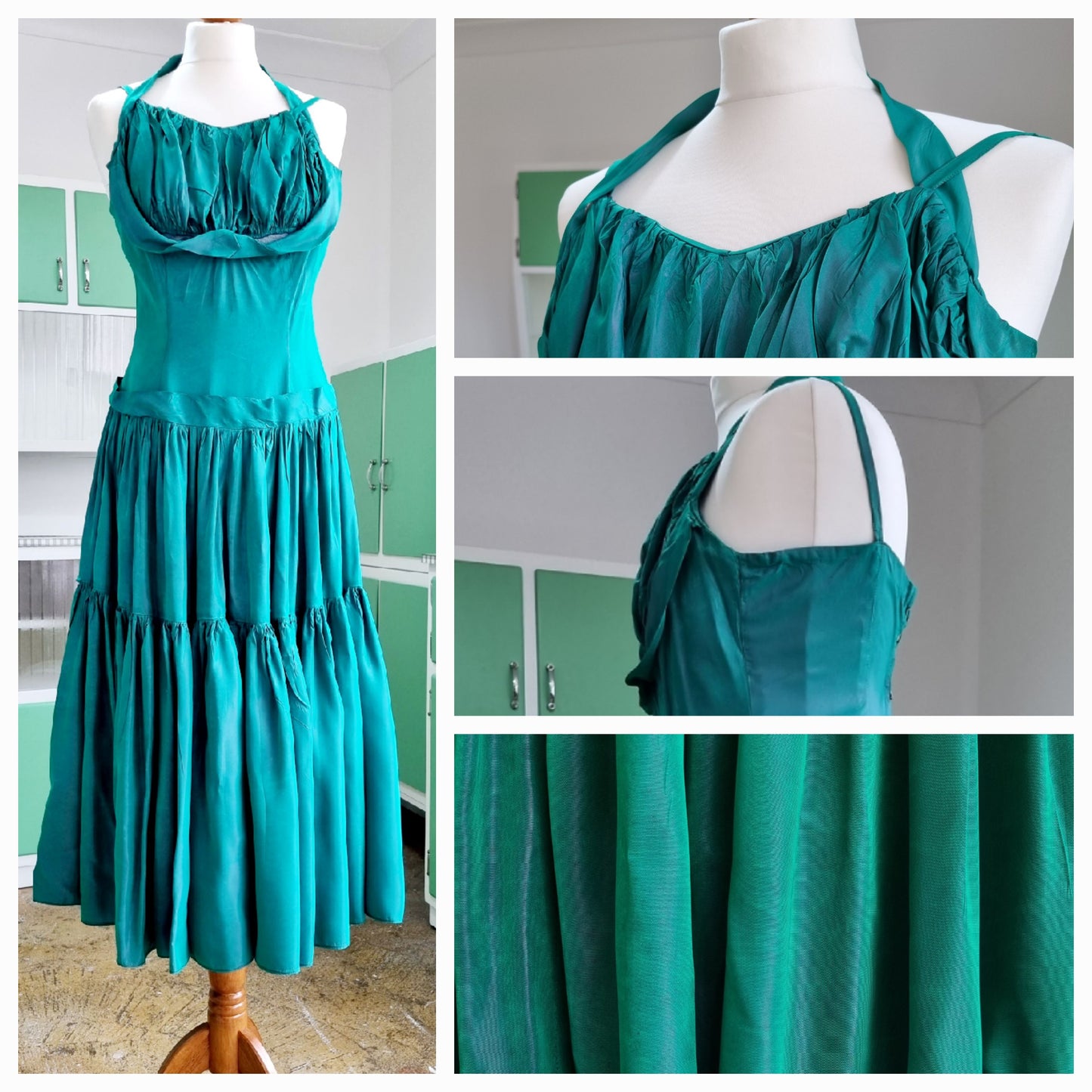 Handmade Vintage Green Ruffle Statement Evening Dress UK 14