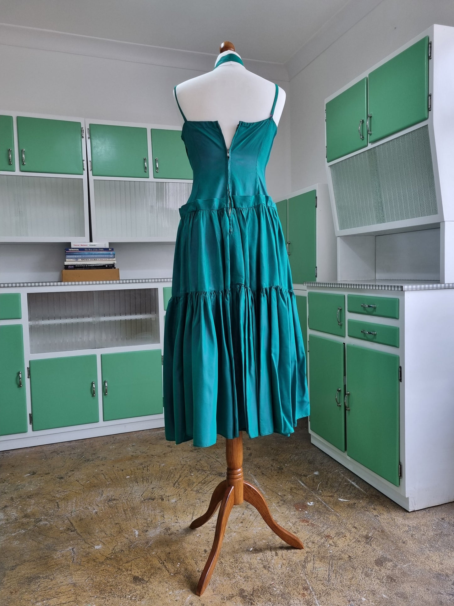 Handmade Vintage Green Ruffle Statement Evening Dress UK 14