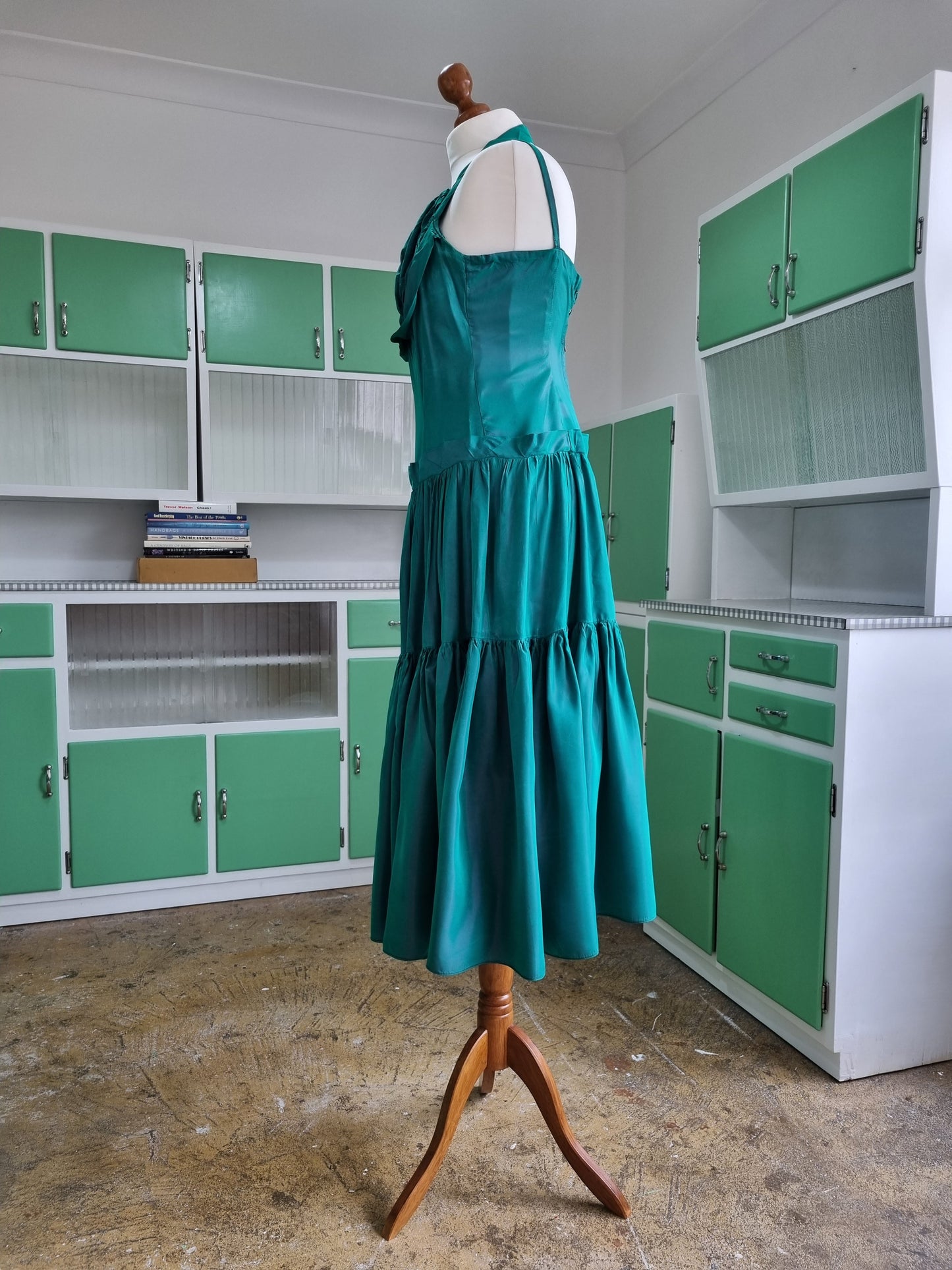 Handmade Vintage Green Ruffle Statement Evening Dress UK 14