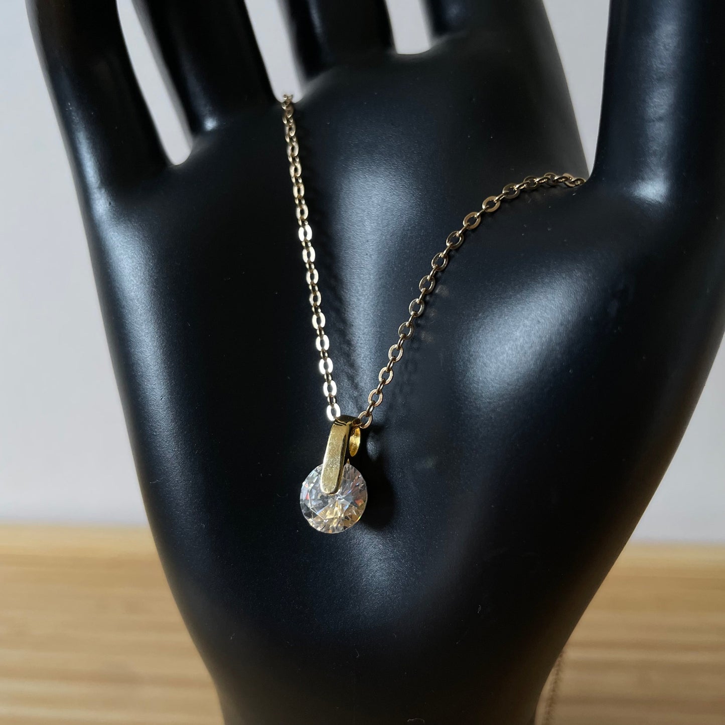 Necklace Vintage Glass Round Cubic Zirconia Drop Gold Tone Pendant