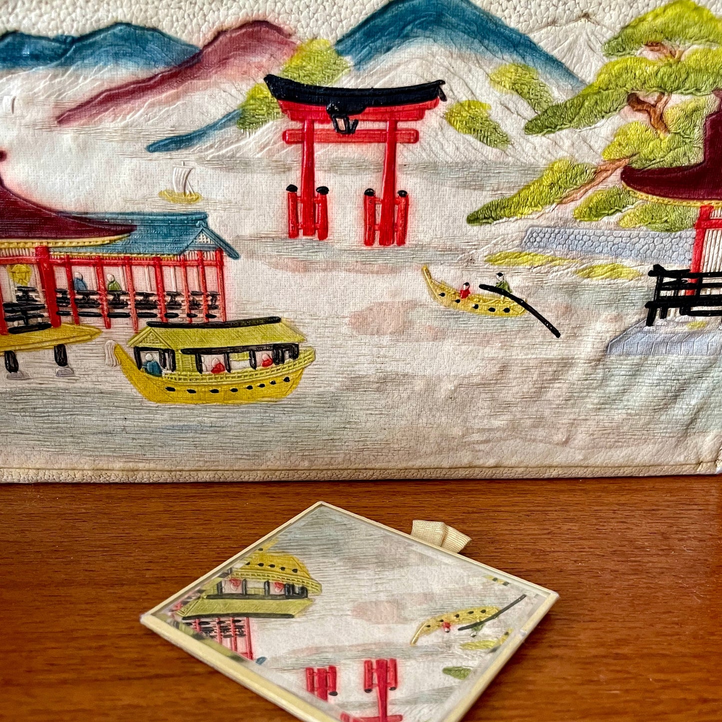 Japanese Handpainted Leather Pagoda Clutch Vintage Bag