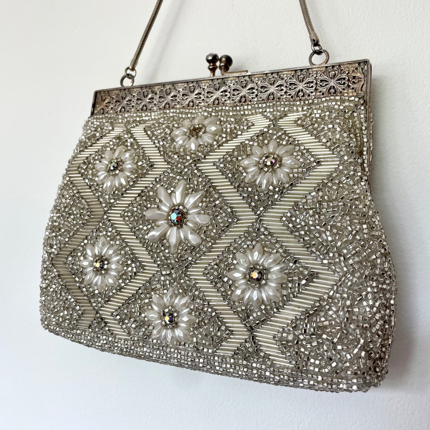 Vintage Floral Hand Beaded Silver Evening Handbag from Hong Kong
