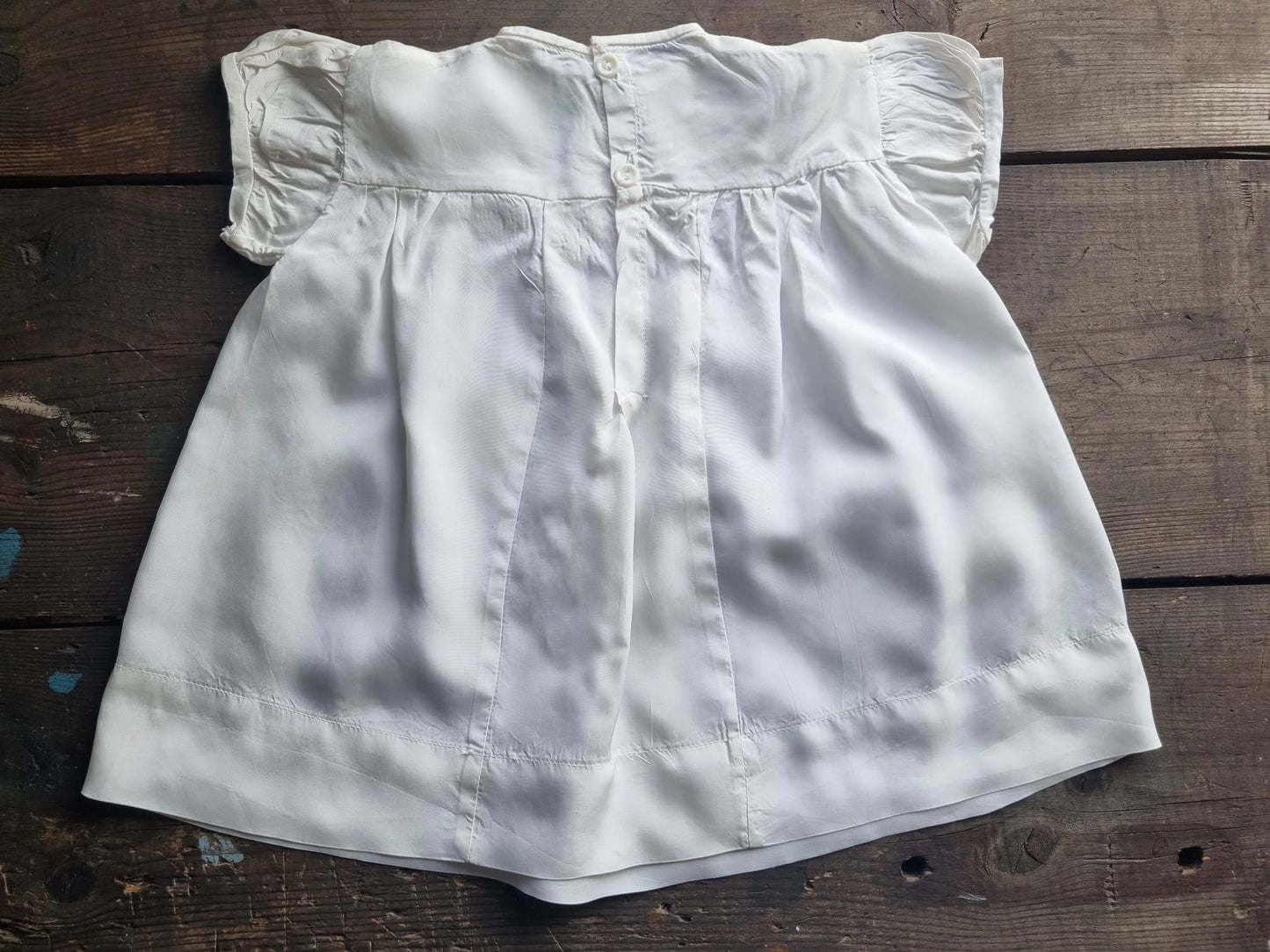 Vintage White Baby Dress with Pastel Smock and Puff Sleeves