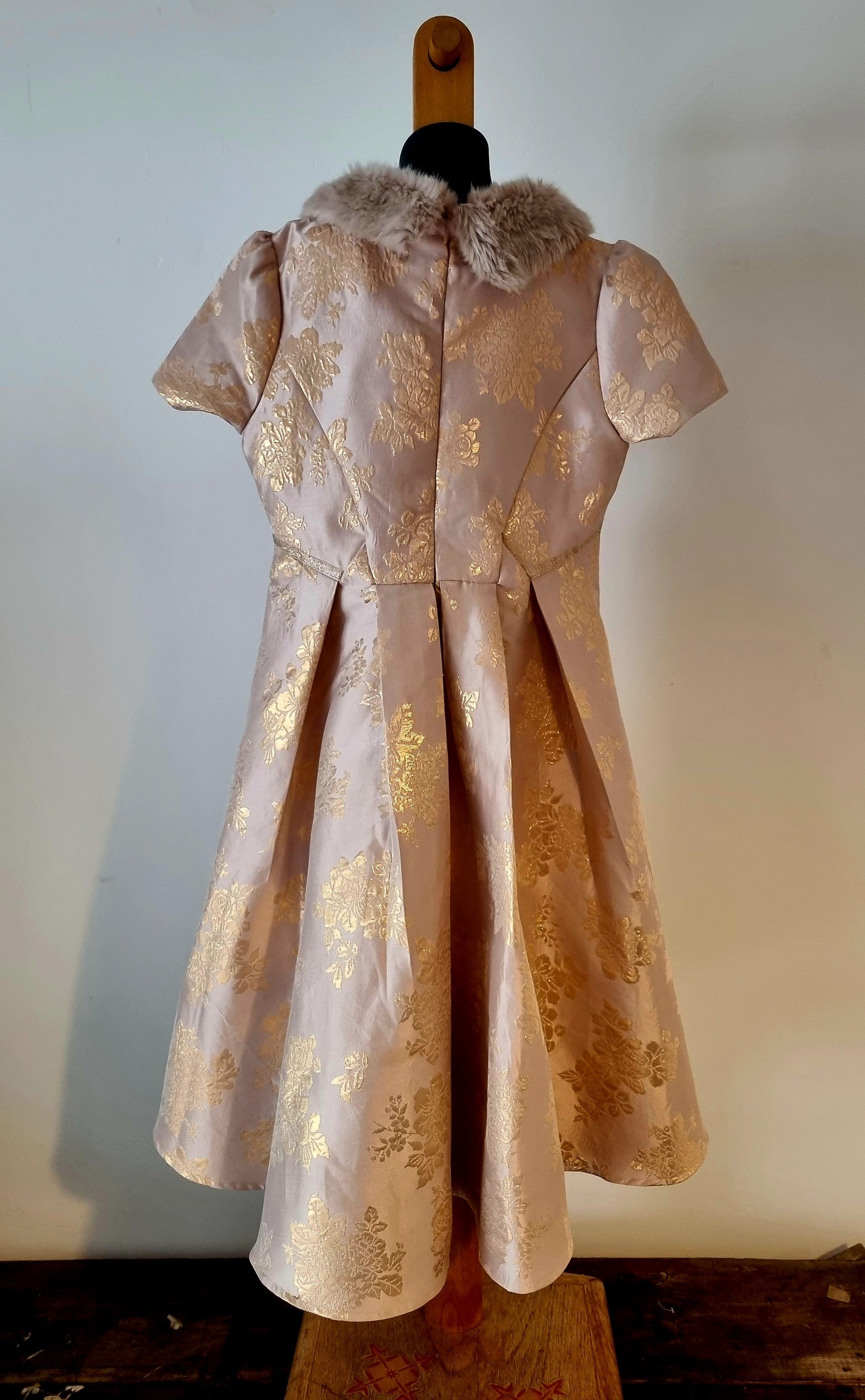 Flower Girl Vintage Children's Pink Brocade Dress with Fur Collar