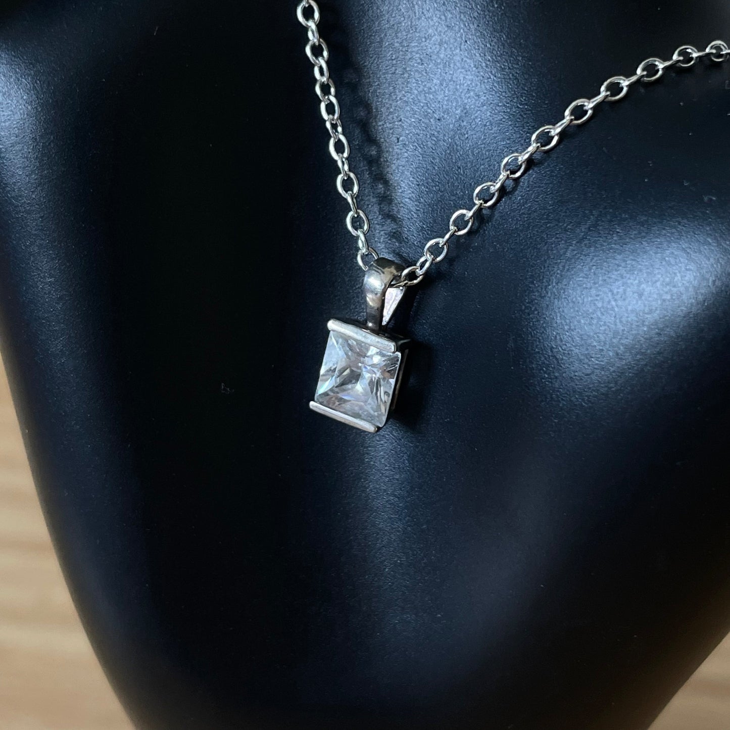 Necklace Vintage Square Cubic Zirconia Silver Tone Drop Pendant