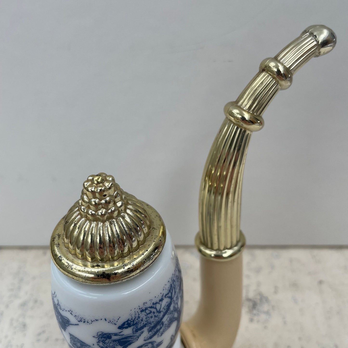 Vintage Avon 1970s Dutch Pipe Tai Winds Aftershave Lotion 60ml Bottle. Milk Glass. Blue and White. Empty
