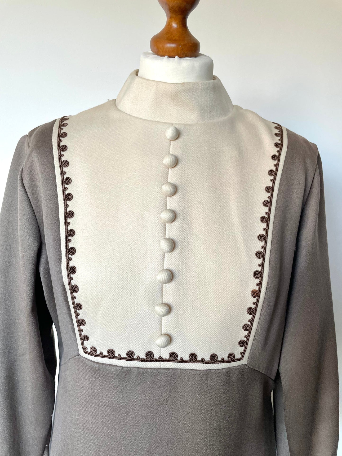 Vintage Petite Francaise Grey Green Bell Sleeve Dress