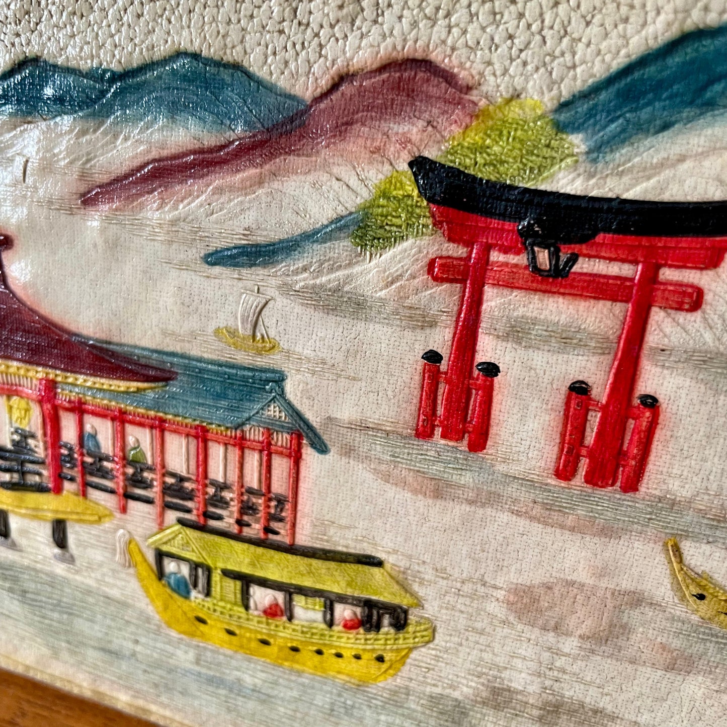 Japanese Handpainted Leather Pagoda Clutch Vintage Bag